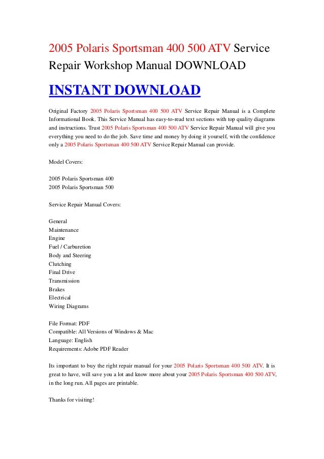 2005 polaris sportsman 400 500 atv service repair workshop manual dow