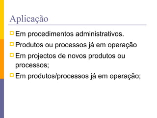 Aplicação
 Em procedimentos administrativos.
 Produtos ou processos já em operação
 Em projectos de novos produtos ou
processos;
 Em produtos/processos já em operação;
 