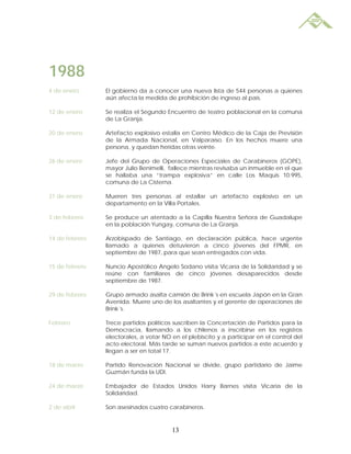 1988
4 de enero      El gobierno da a conocer una nueva lista de 544 personas a quienes
                aún afecta la medida de prohibición de ingreso al país.

12 de enero     Se realiza el Segundo Encuentro de teatro poblacional en la comuna
                de La Granja.

20 de enero     Artefacto explosivo estalla en Centro Médico de la Caja de Previsión
                de la Armada Nacional, en Valparaíso. En los hechos muere una
                persona, y quedan heridas otras veinte.

26 de enero     Jefe del Grupo de Operaciones Especiales de Carabineros (GOPE),
                mayor Julio Benimelli, fallece mientras revisaba un inmueble en el que
                se hallaba una “trampa explosiva” en calle Los Maquis 10.995,
                comuna de La Cisterna.

31 de enero     Mueren tres personas al estallar un artefacto explosivo en un
                departamento en la Villa Portales.

3 de febrero    Se produce un atentado a la Capilla Nuestra Señora de Guadalupe
                en la población Yungay, comuna de La Granja.

14 de febrero   Arzobispado de Santiago, en declaración pública, hace urgente
                llamado a quienes detuvieron a cinco jóvenes del FPMR, en
                septiembre de 1987, para que sean entregados con vida.

15 de febrero   Nuncio Apostólico Angelo Sodano visita Vicaría de la Solidaridad y se
                reúne con familiares de cinco jóvenes desaparecidos desde
                septiembre de 1987.

29 de febrero   Grupo armado asalta camión de Brink´s en escuela Japón en la Gran
                Avenida. Muere uno de los asaltantes y el gerente de operaciones de
                Brink´s.

Febrero         Trece partidos políticos suscriben la Concertación de Partidos para la
                Democracia, llamando a los chilenos a inscribirse en los registros
                electorales, a votar NO en el plebiscito y a participar en el control del
                acto electoral. Más tarde se suman nuevos partidos a este acuerdo y
                llegan a ser en total 17.

18 de marzo     Partido Renovación Nacional se divide, grupo partidario de Jaime
                Guzmán funda la UDI.

24 de marzo     Embajador de Estados Unidos Harry Barnes visita Vicaría de la
                Solidaridad.

2 de abril      Son asesinados cuatro carabineros.



                                        13
 