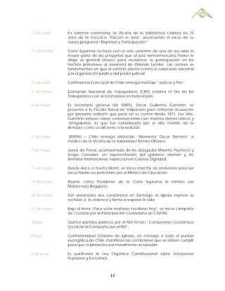 13 de abril     En solemne ceremonia, la Vicaría de la Solidaridad celebra los 25
                años de la Encíclica “Pacem in Terris” anunciando el inicio de su
                nuevo programa “Dignidad y Participación.”

14 abril 1988   Corte Suprema rechaza con el voto unánime de una de sus salas la
                mayor parte de las preguntas que el juez norteamericano Parker le
                dirige al general Orozco para esclarecer su participación en los
                hechos posteriores al asesinato de Orlando Letelier. Las razones se
                fundamentan en que el exhorto atenta contra la soberanía nacional
                y la organización jurídica del poder judicial.

22 de abril     Conferencia Episcopal de Chile entrega mensaje “Justicia y Paz”

1º de mayo      Comando Nacional de Trabajadores (CNT) celebra el Día de los
                Trabajadores con actos masivos en todo el país.

4 de mayo       Ex Secretario general del MAPU, Oscar Guillermo Garretón, se
                presenta a la Fiscalía Naval de Valparaíso para enfrentar acusación
                por presunta sedición que pesa en su contra desde 1973. Ese año,
                Garretón sostuvo varias conversaciones con marinos democráticos y
                 antigolpistas, lo que fue considerado por el alto mando de la
                Armada como un aliciente a la sedición.

5 de mayo       SERPAJ – Chile entrega distinción “Monseñor Oscar Romero” a
                médico de la Vicaría de la Solidaridad Ramiro Olivares.

7 de mayo       Jueza de Parral, acompañada de los abogados Máximo Pacheco y
                Sergio Corvalan, en representación del gobierno alemán y de
                Amnistía Internacional, inspeccionan Colonia Dignidad.

11 de mayo      Desde Arica a Puerto Montt, se inicia marcha de profesores para ser
                escuchadas sus peticiones por el Ministro de Educación.

18 de mayo      Asume como Presidente de la Corte Suprema el ministro Luis
                Maldonado Boggiano.

20 de mayo      Son asesinados dos carabineros en Santiago, la Iglesia expresa su
                rechazo a la violencia y llama a respetar la vida.

22 de mayo      Bajo el lema “Para votar mañana inscribirse hoy”, se inicia campaña
                de Cruzada por la Participación Ciudadana de CIVITAS.

Mayo            Quince partidos políticos por el NO firman “Compromiso Económico
                Social de la Campaña por el NO”.

Mayo            Confraternidad Cristiana de Iglesias, en mensaje a todo el pueblo
                evangélico de Chile, manifiesta las condiciones que se deben cumplir
                para que el plebiscito sea moralmente aceptable.

6 de junio      Es publicada la Ley Orgánica Constitucional sobre Votaciones
                Populares y Escrutinios.



                                       14
 