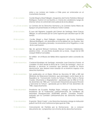 antes y sus cenizas son traídas a Chile para ser enterradas en el
                  Cementerio General.

21 de octubre     Cecilia Magni y Raúl Pellegrin, integrantes del Frente Patriótico Manuel
                  Rodríguez, mueren en Los Queñes, a manos de carabineros, luego de
                  intentar tomar el control del retén policial de la localidad.

21 y 22 de octubre La Cantata de los Derechos Humanos y la Cantata Santa María de
                   Iquique son presentadas en el Nuevo Teatro Cariola.

24 de octubre     El Juez del Vigésimo Juzgado del Crimen de Santiago, René García
                  Villegas, es sancionado por la Corte Suprema por declarar que la CNI
                  tortura.

29 de octubre     Cecilia Magni y Raúl Pellegrin, integrantes del Frente Patriótico
                  Manuel Rodríguez, son detenidos en la localidad de Los Queñes, San
                  Fernando, torturados y lanzados inconscientes al río Tinguiririca, a raíz
                  de lo cual mueren.

30 de octubre     Hijo de general Manuel Contreras, Manuel Contreras Valdebenito,
                  asesina a tiros en una fiesta al padre de su novia, mayor de la CNI
                  Joaquín Molina Fuenzalida.

19 de noviembre   Se exhibe en el Museo de Bellas Artes exposición sobre Leonardo da
                  Vinci.

25 de noviembre   Cardenal Arzobispo de Santiago, monseñor Juan Francisco Fresno, al
                  cumplirse 10 años desde la firma de la “Carta de Santiago”, hace un
                  llamado a alcanzar el consenso que permita construir la futura
                  democracia, que deberá estar basada en el irrestricto respeto a los
                  derechos humanos.

26 de noviembre   Son publicados en el Diario Oficial los Decretos Nº 808 y 809 del
                  Ministerio de Relaciones Exteriores, que promulgan como leyes de la
                  República la “Convención Contra la Tortura Y Otros Tratos o Penas
                  Crueles, Inhumanos o Degradantes”, aprobada por la ONU el 10 de
                  de diciembre de 1984 y la “Convención Interamericana para Prevenir
                  y Sancionar la Tortura”, aprobada por la OEA el 9 de diciembre de
                  1985, respectivamente.

10 de diciembre   Presidente de Ecuador, Rodrigo Rojas, entrega a Pamela Pereira,
                  Presidenta de la Federación Latinoamericana de Familiares de
                  Detenidos Desaparecidos (FEDEFAM) premio “Leonidas Proaño”
                  instituido por la Comisión Latinoamericana de Derechos Humanos
                  (ALDHU).

12 de diciembre   El premio “René Cassin” a los Derechos Humanos otorga la institución
                  judía B´nai B´rith a la Conferencia Episcopal de Chile.

13 de diciembre   Concertación de Partidos por la Democracia      da a conocer
                  documento de compromiso con el tema de los derechos humanos.




                                          18
 