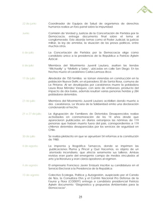 22 de junio        Coordinador de Equipos de Salud de organismos de derechos
                   humanos realiza un foro panel sobre la impunidad.

Junio              Comisión de Verdad y Justicia de la Concertación de Partidos por la
                   Democracia, entrega documento final sobre el tema al
                   conglomerado. Este aborda temas como el Poder Judicial, la justicia
                   militar, la ley de amnistía, la situación de los presos políticos, entre
                   muchos otros.

6 de julio         La Concertación de Partidos por la Democracia elige como
                   candidato único a la presidencia de la República a Patricio Aylwin
                   Azócar.

6 de julio         Miembros del Movimiento Juvenil Lautaro, asaltan las tiendas
                   “Michaelly” y “Mellafe y Salas”, ubicadas en calle San Diego. En los
                   hechos muere el carabinero Carlos Lamoza Arce.

17 de julio        Alrededor de 750 familias se toman viviendas en construcción en la
                   población Nueva Delhi, en el paradero 30 de Santa Rosa, comuna de
                   La Pintana. Al ser desalojadas por carabineros muere la pobladora
                   Laura Rosa Méndez Vasquez, con siete de embarazo, producto del
                   impacto de dos balas, además resultan varias personas heridas y 284
                   pobladores detenidos.

21 de julio        Miembros del Movimiento Juvenil Lautaro acribillan dando muerte a
                   dos carabineros. La Vicaría de la Solidaridad emite una declaración
                   condenando el hecho.

21 a 27 de julio   La Agrupación de Familiares de Detenidos Desaparecidos realiza
                   actividades en conmemoración de los 14 años desde que
                   aparecieron publicadas en diarios extranjeros las nóminas de 119
                   personas que habían muerto fuera del país, correspondientes a 119
                   chilenos detenidos desaparecidos por los servicios de seguridad en
                   Chile.

30 de julio        Se realiza plebiscito en que se aprueban 54 reformas a la constitución
                   de 1980.

4 de agosto        La imprenta y litográfica Tamarcos, donde se imprimen las
                    publicaciones Pluma y Pincel y Qué Hacemos, es objeto de un
                    atentado incendiario, que afecta seriamente sus talleres. Ambas
                   revistas eran parte del emergente campo de medios vinculados al
                   arte y la literatura y eran claros opositores al régimen.

4 de agosto        El empresario Francisco Javier Errázuriz inscribe su candidatura en el
                   Servicio Electoral a la Presidencia de la República.

13 de agosto       Colectivo Ecología, Política y Autogestión, auspiciado por el Canelo
                   de Nos, la Consultora Efes y el Comité Nacional Pro Defensa de la
                   Fauna y Flora (CODEFF) entrega a candidato presidencial Patricio
                   Aylwin documento “Diagnóstico y propuestas Ambientales para la
                   Democracia”.


                                           25
 