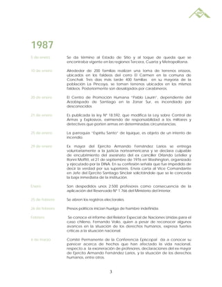 1987
5 de enero      Se da término al Estado de Sitio y al toque de queda que se
                encontraba vigente en las regiones Tercera, Cuarta y Metropolitana.

10 de enero     Alrededor de 200 familias realizan una toma de terrenos eriazos,
                ubicados en los faldeos del cerro El Carmen en la comuna de
                Conchalí. Tres días más tarde 400 familias en su mayoría de la
                población La Pincoya, se toman terrenos ubicados en los mismos
                faldeos. Posteriormente son desalojados por carabineros.

20 de enero     El Centro de Promoción Humana “Pablo Laurín”, dependiente del
                Arzobispado de Santiago en la Zonar Sur, es incendiado por
                desconocidos

21 de enero     Es publicada la ley Nº 18.592, que modifica la Ley sobre Control de
                Armas y Explosivos, eximiendo de responsabilidad a los militares y
                detectives que porten armas en determinadas circunstancias.

25 de enero     La parroquia “Espíritu Santo” de Iquique, es objeto de un intento de
                incendio.

29 de enero     Ex mayor del Ejercito Armando Fernández Larios se entrega
                voluntariamente a la justicia norteamericana y se declara culpable
                de encubrimiento del asesinato del ex canciller Orlando Letelier y
                Ronni Moffitt, el 21 de septiembre de 1976 en Washington, organizado
                y ejecutado por la DINA. En su confesión señala que fue impedido de
                decir la verdad por sus superiores. Envía carta al Vice Comandante
                en Jefe del Ejercito Santiago Sinclair solicitándole que se le conceda
                la baja inmediata de la institución.

Enero           Son despedidos unos 2.500 profesores como consecuencia de la
                aplicación del Reservado Nº 1.766 del Ministerio del Interior.

25 de febrero   Se abren los registros electorales.

26 de febrero   Presos políticos inician huelga de hambre indefinida.

Febrero         Se conoce el informe del Relator Especial de Naciones Unidas para el
                caso chileno, Fernando Volio, quien a pesar de reconocer algunos
                avances en la situación de los derechos humanos, expresa fuertes
                criticas a la situación nacional.

4 de marzo      Comité Permanente de la Conferencia Episcopal da a conocer su
                parecer acerca de hechos que han afectado la vida nacional,
                respecto a la exoneración de profesores, declaraciones del ex mayor
                de Ejercito Armando Fernández Larios, y la situación de los derechos
                humanos, entre otros.



                                          3
 