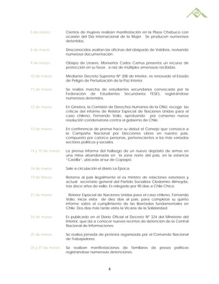5 de marzo         Cientos de mujeres realizan manifestación en la Plaza Chabuco con
                   ocasión del Día internacional de la Mujer. Se producen numerosos
                   detenidos.

6 de marzo         Desconocidos asaltan las oficinas del obispado de Valdivia, revisando
                   numerosa documentación.

9 de marzo         Obispo de Linares, Monseñor Carlos Camus presenta un recurso de
                   protección en su favor, a raíz de múltiples amenazas recibidas.

10 de marzo        Mediante Decreto Supremo Nº 308 de Interior, es renovado el Estado
                   de Peligro de Perturbación de la Paz Interior.

11 de marzo        Se realiza marcha de estudiantes secundarios convocada por la
                   Federación de Estudiantes Secundarios FESES, registrándose
                   numerosos detenidos.

12 de marzo        En Ginebra, la Comisión de Derechos Humanos de la ONU, recoge las
                   críticas del informe de Relator Especial de Naciones Unidas para el
                   caso chileno, Fernando Volio, aprobando por consenso nueva
                   resolución condenatoria contra el gobierno de Chile.

13 de marzo        En conferencia de prensa hace su debut el Consejo que convoca a
                   la Campaña Nacional por Elecciones Libres en nuestro país,
                   compuesto por catorce personas, pertenecientes a los más variados
                   sectores políticos y sociales.

14 y 15 de marzo   La prensa informa del hallazgo de un nuevo depósito de armas en
                   una mina abandonada en la zona norte del país, en la estancia
                   “Castilla”, ubicada al sur de Copiapó.

18 de marzo        Sale a circulación el diario La Época.

19 de Marzo        Retorna al país ilegalmente el ex ministro de relaciones exteriores y
                   actual secretario general del Partido Socialista Clodomiro Almeyda,
                   tras doce años de exilio. Es relegado por 90 días a Chile Chico.

21 de marzo          Relator Especial de Naciones Unidas para el caso chileno, Fernando
                   Volio, inicia visita de diez días al país, para completar su quinto
                   informe sobre el cumplimiento de las libertades fundamentales en
                   Chile. Dos días más tarde visita la Vicaría de la Solidaridad.

24 de marzo        Es publicado en el Diario Oficial el Decreto Nº 324 del Ministerio del
                   Interior, que da a conocer nuevos recintos de detención de la Central
                   Nacional de Informaciones.

25 de marzo        Se realiza jornada de protesta organizada por el Comando Nacional
                   de Trabajadores.

25 y 27 de marzo   Se realizan manifestaciones de familiares       de   presos   políticos
                   registrándose numerosas detenciones.



                                            4
 