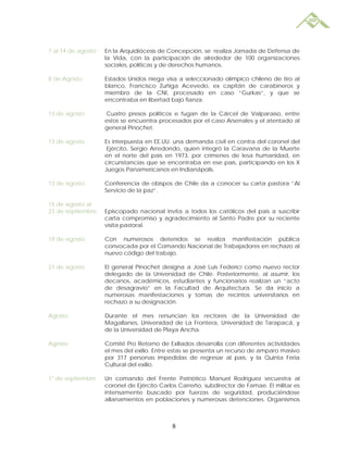 7 al 14 de agosto   En la Arquidiócesis de Concepción, se realiza Jornada de Defensa de
                    la Vida, con la participación de alrededor de 100 organizaciones
                    sociales, políticas y de derechos humanos.

8 de Agosto         Estados Unidos niega visa a seleccionado olímpico chileno de tiro al
                    blanco, Francisco Zuñiga Acevedo, ex capitán de carabineros y
                    miembro de la CNI, procesado en caso “Gurkas”, y que se
                    encontraba en libertad bajo fianza.

13 de agosto        Cuatro presos políticos e fugan de la Cárcel de Valparaíso, entre
                    estos se encuentra procesados por el caso Arsenales y el atentado al
                    general Pinochet.

13 de agosto        Es interpuesta en EE.UU. una demanda civil en contra del coronel del
                     Ejército, Sergio Arredondo, quien integró la Caravana de la Muerte
                    en el norte del país en 1973, por crímenes de lesa humanidad, en
                    circunstancias que se encontraba en ese país, participando en los X
                    Juegos Panamericanos en Indianápolis.

13 de agosto        Conferencia de obispos de Chile da a conocer su carta pastora “Al
                    Servicio de la paz”.

15 de agosto al
23 de septiembre    Episcopado nacional invita a todos los católicos del país a suscribir
                    carta compromiso y agradecimiento al Santo Padre por su reciente
                    visita pastoral.

19 de agosto        Con numerosos detenidos se realiza manifestación pública
                    convocada por el Comando Nacional de Trabajadores en rechazo al
                    nuevo código del trabajo.

21 de agosto        El general Pinochet designa a José Luis Federici como nuevo rector
                    delegado de la Universidad de Chile. Posteriormente, al asumir, los
                    decanos, académicos, estudiantes y funcionarios realizan un “acto
                    de desagravio” en la Facultad de Arquitectura. Se da inicio a
                    numerosas manifestaciones y tomas de recintos universitarios en
                    rechazo a su designación.

Agosto              Durante el mes renuncian los rectores de la Universidad de
                    Magallanes, Universidad de La Frontera, Universidad de Tarapacá, y
                    de la Universidad de Playa Ancha.

Agosto              Comité Pro Retorno de Exiliados desarrolla con diferentes actividades
                    el mes del exilio. Entre estas se presenta un recurso de amparo masivo
                    por 317 personas impedidas de regresar al país, y la Quinta Feria
                    Cultural del exilio.

1° de septiembre    Un comando del Frente Patriótico Manuel Rodriguez secuestra al
                    coronel de Ejército Carlos Carreño, subdirector de Famae. El militar es
                    intensamente buscado por fuerzas de seguridad, produciéndose
                    allanamientos en poblaciones y numerosas detenciones. Organismos



                                            8
 
