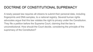 DOCTRINE OF CONSTITUTIONAL SUPREMACY
A newly passed law requires all citizens to submit their personal data, including
fingerprints and DNA samples, to a national registry. Several human rights
advocates argue that this law violates the right to privacy under the Constitution.
They file a petition before the Supreme Court, claiming that the law is
unconstitutional. How should the Court decide, considering the principle of the
supremacy of the Constitution?
 