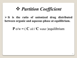  Partition Coefficient
 It is the ratio of unionized drug distributed
between organic and aqueous phase at equilibrium.
P o/w = ( C oil / C water )equilibrium
35
 