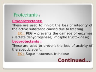 Continued…
Protectants :
Cryoprotectants:
These are used to inhibit the loss of integrity of
the active substance caused due to freezing
EX : PEG – prevents the damage of enzymes
( lactate dehydrogenase, Phospho fructokinase)
Lyoprotectants :
These are used to prevent the loss of activity of
therapeutic agent.
EX : Sugar – sucrose, trehalose
 