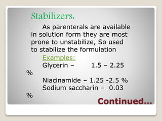 Continued…
Stabilizers:
As parenterals are available
in solution form they are most
prone to unstabilize, So used
to stabilize the formulation
Examples:
Glycerin – 1.5 – 2.25
%
Niacinamide – 1.25 -2.5 %
Sodium saccharin – 0.03
%
 