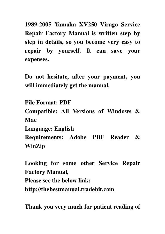 1989 2005 yamaha xv250 virago service repair factory manual instant d