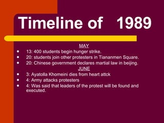 Timeline of  1989 MAY 13: 400 students begin hunger strike.  20: students join other protesters in Tiananmen Square. 20: Chinese government declares martial law in beijing. JUNE 3: Ayatolla Khomeini dies from heart attck 4: Army attacks protesters  4: Was said that leaders of the protest will be found and executed. 