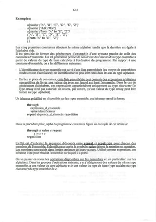 6.14
Exemples:
alphabet ("A", "B", "C", "D", "E", "Z"}
alphabet {"ABCDEZ"}
alphabet /'from "A" to "E", "Z"J
{"A", "B", "C", "D", "E", "Z")
/'from "A" to "E", "Z"J
{}
Les cinq premieres constantes denotent le meme alphabet tandis que la derniere est 6gale a
l'alphabet vide.
II est possible de former des generateurs d'ensemble d'une syntaxe proche de celle des
constantes d'ensemble. Un tel generateur permet de construire des valeurs d'un type ensemble a
partir de valeurs du type de base calculees a l'execution du programme. Par rapport a une
constante d'ensemble, on a les differences suivantes:
- L'identificateur du type ensemble est suivi d'une liste parenthe*see (au moyen de parentheses
rondes et non d'accolades); cet identificateur ne peut etre omis dans les cas du type alphabet.
- En lieu et place de constantes, cette liste parenthdsee peut contenir des expressions arbitraires
susceptibles de livrer une valeur du type sur lequel est base" l'ensemble. Dans le cas de
generateurs d'alphabets, ces expressions appartiendront uniquement au type character (le
type string n'est pas autorisd: on notera, par contre, qu'une valeur du type string peut etre
forceeautype alphabet).
Un iterateur predefini est disponible sur les types ensemble; cet iterateur prend la forme:
through
expression_d_ensemble
value identificateur
repeat sequence_d_enonces repetition
Dans la procedureprint alpha du programme caracteres figure un exemple de cet iterateur:
through a value c repeat
s := s + c
repetition
L'effet est d'executer la sequence d'enonces entre repeat et repetition pour chacun des
membres de l'ensemble: 1'identificateur apres le symbole value denote le membre en question.
Les membres sont traites dans l'ordre croissant de leurs valeurs. Utilise comme expression, cet
iterateur livre pour resultat l'ensemble sur lequel il a porte.
On va passer en revue les operations disponibles sur les ensembles et, en particulier, sur les
alphabets. Dans les groupes d'operations suivants, e et/designeront des valeurs du meme type
ensemble, a une valeur du type alphabet et b une valeur du type de base (type scalaire ou type
character) du type ensemble de e.
 