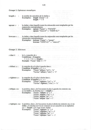 6.20
Groupe 1. Operateurs monadiques
length s le nombre de caracteres de la chaine s.
Exemples: length "Patate" = 6
length "" = 0
upcase s : la chaine s dans laquelle toutes les minuscules sont remplacees per les
majuscules correspondantes.
Exemples: upcase "Patate" = "PATATE"
upcase "Vient-il?" = "VIENT-IL?"
lowcase s : la chaine s dans laquelle toutes les majuscules sont remplacees par les
minuscules correspondantes.
Exemples: lowcase "Patate" = "patate"
lowcase "VIENT-IL?" = "vient-il?"
Groupe 2. Selecteurs
schar k le k_e caractere de s
Conditions d'emploi:
1 <= k /k< = lengths
Exemple: "Patate" char 3 = "t"
s leftocc a : le caractere de a le plus a gauche dans s.
Condition d'emploi: a < > s
Exemples: "Patate" leftocc {"at"} = "a"
"Tartine" leftocc {"eint") = "t"
s rightocc a : le caractere de a le plus a droite dans s.
Condition d'emploi: a < > s
Exemples: "Patate" rightocc {"at"} = "t"
"Tartine" rightocc {"eint"} = "e"
s leftpos eta: la position, dans s, de l'occurence la plus a gauche du contexte eta;
si eta notin s, le resultat est 1 + length s
Exemples: "Patate " leftpos "a" = 2
"Patate" leftpos {"at"} = 2
"Patate" leftpos "tat" = 3
"Patate" leftpos "tata" = 7
s rightpos eta: la position, dans s, de l'occurence la plus a droite du contexte eta, si eta
notin s, le resultat est 0 (si le contexte est un caractere ou un alphabet)
ou 1 - length t s'il s'agit d'une chaine.
Exemples: "Patate" rightpos "a" = 4
"Patate" rightpos {"at"} = 5
"Patate" rightpos "tat" = 3
"Patate" rightpos "tata" = - 3
 