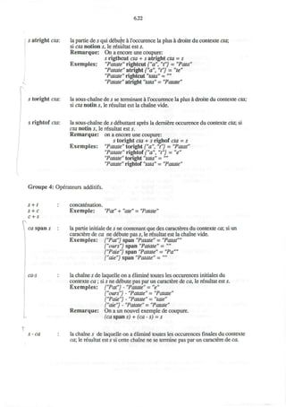 6.22
I
s atright eta: la partie de s qui debute a l'occurence la plus a droite du contexte eta;
si eta notion s, le resultat est s.
Remarque: On a encore une coupure:
s rigthcut eta + s atright eta = s
Exemples: "Patate" rightcut {"a", "t"} = "Pata"
"Patate" atrigfrt {"a", "t") = "te"
"Patate"rightcut"tata" = ""
"Patate" atright "tata" = "Pa/ate"
5 toright eta: la sous-chaine de s se terminant a l'occurence la plus a droite du contexte eta;
si era notin s, le resultat est la chaine vide.
s rightof eta: la sous-chaine de s debuttant apres la derniere occurence du contexte eta; si
eta notin s, le resultat est s.
Remarque: on a encore une coupure:
s toright eta + s righof eta = s
Exemples: "Patate" toright {"a", "t") = "Patat"
"Patate" rightof ("a", "t"} = "e"
"Patate" toright "tata" = ""
"Patate" rightof "tata" = "Patate"
Groupe 4: Operateurs additifs.
s + t
s + c
c + s
r
ca span s
concatenation.
Exemple: "Pat" + "ate" = "Patate"
la partie initiale de s ne contenant que des caracteres du contexte ca; si un
caractere de ca ne debute pas s, le resultat est la chaine vide.
Exemples: {"Pat"} span "Patate" = "Patat""
{"ours") span "Patate" = ""
{"Paie") span "Patate" = "Pa""
("aie") span "Patate" = ""
ca-s la chaine s de laquelle on a elimine toutes les occurences initiales du
contexte ca; si s ne debute pas par un caractere de ca, le resultat est s.
Exemples: {"Pat"} - "Patate" = "e"
{"ours"} - "Patate" = "Patate"
{"Paie"} - "Patate" = "tate"
{"aie"} - "Patate" = "Patate"
Remarque: On a un nouvel exemple de coupure.
(ca span s) + (ca-s) = s
s -ca la chaine s de laquelle on a elimine toutes les occurences finales du contexte
ca; le resultat est s si cette chaine ne se termine pas par un caractere de ca.
 
