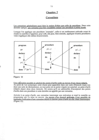 7.1
Chanitre 7
Coroutines
Les coroutines generalisent aussi bien la notion d'objet que celle de procedure. Dans cette
derniere optique, une coroutine peut etre considered comme une procedure a points d'arret.
Lorsque Ton applique une procedure "normale", celle-ci est entierement ex6cutee avant de
rendre le controle a I'appeleur; pour cela, elle peut, bien entendu, appliquer d'autres procedures
voire s'appliquer elle-meme recursivement.
program
PP
declare
do :
T --'
P (...)
r~~~"done (*PP*)
procedure
P(...)
declare
do
T
q(-)
done
procedure
declare
do
T
* - done
Figure 11
Une coafrroutine possede en general des points d'arrets not€s au moven d'une clause return.
Au point de vue syntaxique, cette clause peut apparaitre dans une suite d'enonces (mais non
dans une suite de declarations), en tout point ou un point-virgule est autorise; un point d'arret
return separe done deux enonces. On notera qu'il est admissible d'incorporer des points
d'arrets dans une procedure si cette derniere est appelee par une coroutine.
Arrivee a un point d'arret, une coroutine interrompt son execution et rend le controle au
programme qui l'a mise en oeuvre. Au moyen d'un enonce activate, il est possible de
reprendre l'execution d'une coroutine depuis le dernier point d'arret ou elle s'etait interrompue.
(Figure 12).
 