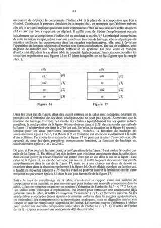 8.8
necessaire de deplacer la composante d'indice ch4 a la place de la composante que Ton a
elimine. Continuant le parcours circulaire de la rang^e clis, on remarque que Tenement suivant
clis [OJ = co: ceci implique qu'aucune autre composante n'etait en collision avec celles d'indices
chl et ch4 que Ton a supprime" ou deplace II suffit done de liberer l'emplacement occupy
initialement par la composante d'indice ch4 en stockant COen elds[9]. Le principal inconvenient
de cette technique est que, meme avec une excellente fonction de hachage, elle ne repartit pas de
maniere uniforme les composantes dans les rangees representatives; elle tend a favoriser
l'apparition de longues sequences d'entrees non libres consecutives. En cas de collision, ceci
degrade de maniere non negligeable l'efficacite du systeme. On peut voire ce manque
d'uniformite deja dans le cas d'une table de capacite egale a quatre. Pour cela, on considere les
situations representees aux figures 16 et 17 (dans lesquelles on ne fait figurer que la rangee
clis ).
clis
chl
chl
CO
CO
clis
[0]
[1]
[2]
[31
chl
CO
cb2
CO
Figure 16 Figure 17
[0]
[11
[21
[31
Dans les deux cas de figure, deux des quatre entrees de la table sont occupees; pourtant les
probabilites d'obtention de ces deux configurations ne sont pas egales. Admettant que la
fonction de hachage distribue l'ensemble des chaines equitablement sur les quatre entrees
possibles, la configuration de la figure 16 sera obtenue dans le 3/16 des cas tandis que celle de
la figure 17 n'intervient que dans le 2/76 des cas. En-effet, la situation de la figure 16 apparait
lorsque pour les deux premieres composantes inserees, la fonction de hachage est
successivement egale a 0 et 1,1 et 0 ou 0 et 0; ce troisieme cas intervient evidemment a la suite
d'une collision. Par contre la situation de la figure 17 ne peut pas resulter d'une collision: elle
apparait si, pour les deux premieres composantes inserees, la fonction de hachage est
successivement egale a 0 et 2 ou 2 et 0.
De plus, si Ton poursuit les insertions, la configuration de la figure 16 est moins favorable que
celle de la figure 17. En-effet si Ton doit inserer une troisieme composante dans la table, dans
deux cas sur quatre on trouve d'embiee une entree libre que ce soit dans le cas de la figure 16 ou
celui de la figure 17; en cas de collision, par contre, il suffit toujours d'examiner une entree
suppiementaire dans le cas de la figure 17, mais on a une chance sur deux de devoir en
examiner deux dans la situation representee a la figure 16. On en deduit que dans ce dernier cas,
il faudra en moyenne explorer 7.75 entrees avant de pouvoir inserer la troisieme entree; cette
moyenne est par contre egale a 7 J dans le cas plus favorable de la figure 17.
Soit r le taux de remplissage de la table, e'est-a-dire le rapport entre son nombre de
composantes et sa capacite; on peut montrer que pour inserer une nouvelle composante dans la
table, il faut en moyenne examiner un nombre d'eiements de l'ordre de 7/(7 - r)** 2 lorsque
Ton utilise cette technique d'implantation. Par contre pour retrouver une composante deja
presente dans la table, il suffit en moyenne d'examiner 1 I (1 - r) elements environ. Si les
entrees libres et occupees etaient repairies de maniere uniforme dans les rangees representatives,
on obtiendrait des comportements asymptotiques analogues, mais se degradtnt moins vite
lorsque le taux de remplissage s'approche de l'unite. Le nombre moyen d'eiements a visiter
pour inserer une nouvelle composante serait alors de l'ordre de 11 (1 - r); il serait de l'ordre
de -In (1 - r) pour retrouver une composante deja dans la table.
 