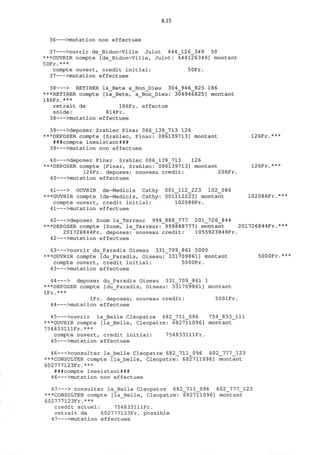 8.15
36 >mutation non effectuee
37 >ouvrir de_Bidon-Ville Julot 444_126_349 50
***OUVRIR compte [de_Bidon-Ville, Julot: 444126349] montant
50Fr.***
compte ouvert, credit initial: 50Fr.
37 >mutation effectuee
38 > RETIRER la_Bete a_Bon_Dieu 304_946_825 186
***RETIRER compte [la_Bete, a_Bon_Dieu: 304946825] montant
186Fr.***
retrait de 186Fr. effectue
solde: 814Fr.
38 >mutation effectuee
39 >deposer Srahlec Pinar 086_139_713 126
***DEPOSER compte [Srahlec, Pinar: 086139713] montant 126Fr.***
###compte inexistant###
39 >mutation non effectuee
40 >deposer Pinar Srahlec 086_139_713 126
***DEPOSER compte [Pinar, Srahlec: 086139713] montant 126Fr.***
126Fr. deposes; nouveau credit: 2 06Fr.
40 >mutation effectuee
41 > OUVRIR de-Medicis Cathy 001_112_223 102_086
***OUVRIR compte [de-Medicis, Cathy: 001112223] montant 102086Fr.***
compte ouvert, credit initial: 102086Fr.
41 >mutation effectuee
42 >deposer Zoom la_Terreur 999_888_777 201_726_844
***DEPOSER compte [Zoom, laJTerreur: 999888777] montant 201726844Fr.***
201726844Fr. deposes; nouveau credit: 1055923848Fr.
42 >mutation effectuee
43 >ouvrir du_Paradis Oiseau 331_709_861 5000
***OUVRIR compte [du_Paradis, Oiseau: 331709861] montant 5000Fr.***
compte ouvert, credit initial: 5000Fr.
43 >mutation effectuee
44 > deposer du_Paradis Oiseau 331_709_861 1
***DEPOSER compte [du_Paradis, Oiseau: 331709861] montant
lFr.***
lFr. deposes; nouveau credit: 5001Fr.
44 >mutation effectuee
45 >ouvrir la_Belle Cleopatre 682_711_096 754_833_111
***OUVRIR compte [la_Belle, Cleopatre: 682711096] montant
754833111Fr.***
compte ouvert, credit initial: 754833111Fr.
45 >mutation effectuee
46 >consulter la_belle Cleopatre 682_711_096 602_777_123
***CONSULTER compte [la_belle, Cleopatre: 682711096] montant
602777123Fr.***
###compte inexistant###
46 >mutation non effectuee
47 > consulter la_Belle Cleopatre 682_711_096 602_777_123
***CONSULTER compte [la_Belle, Cleopatre: 682711096] montant
602777123Fr.***
credit actuel: 754833111Fr.
retrait de 602777123Fr. possible
47 >mutation effectuee
 