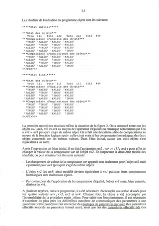 2.3
Les resultats de l'execution du programme objets sont les suivants:
*****Etat initial*****
***Etat des objets***
Toto 111 Toto 222 Toto 222 Titi 444
***Comparaison d'egalite des objets***
•TRUE' 'FALSE' 'FALSE' 'FALSE'
'FALSE' 'TRUE' 'TRUE' 'FALSE'
'FALSE' 'TRUE' 'TRUE' 'FALSE'
'FALSE' 'FALSE' 'FALSE' 'TRUE'
***Comparaison d'equivalence des objets***
•TRUE' 'FALSE' 'FALSE' 'FALSE'
'FALSE' 'TRUE' 'TRUE' 'FALSE'
'FALSE' 'TRUE' 'TRUE' 'FALSE'
•FALSE' 'FALSE' 'FALSE' 'TRUE'
< « F I N > »
*****Etat final*****
***Etat des objets***
Toto 111 Toto 111 Toto 111 Titi 444
***Comparaison d'egalite des objets***
'TRUE' 'FALSE' 'FALSE' 'FALSE'
'FALSE' 'TRUE' 'TRUE' 'FALSE'
•FALSE' 'TRUE' 'TRUE' 'FALSE'
•FALSE' 'FALSE' 'FALSE' 'TRUE'
***Comparaison d'equivalence des objets***
'TRUE' 'TRUE' 'TRUE' 'FALSE'
•TRUE' 'TRUE' 'TRUE' 'FALSE'
'TRUE' 'TRUE' 'TRUE' 'FALSE'
'FALSE' 'FALSE' 'FALSE' 'TRUE'
< « F I N > »
La premiere moitie des resultats reflete la situation de la figure 3. On a compare entre eux les
objets nvl, nv2, nv3 et nv4 au moyen de l'operateur d'egalite; on remarque notamment que Ton
a nv2 = nv3 puisqu'il s'agit du meme objet. On a fait une deuxieme serie de comparaisons au
moyen de la fonction logique equiv: celle-ci est vraie si les composantes homologues des deux
objets concernes ont les memes valeurs. Dans l'etat initial, aucun des trois objets n'est
equivalent a un autre.
Apres l'impression de l'etat initial, il est fait l'assignation nv2 . var := 111; ceci a pour effet de
changer la valeur de la composante var de l'objet nv2. En inspectant la deuxieme moitie des
resultats, on peut constater les elements suivants:
- Le changement de valeur de la composante var apparait non seulement pour l'objet nv2 mais
egalement pour nv3 (puisqu'il s'agit du meme objet).
- L'objet nv2 (ou nv3) ainsi modifie devient equivalent a nvl puisque leurs composantes
homologues sont maintenant egales.
- Par contre, lors de 1'application de la comparaison d'egalite, l'objet nv2 reste, bien entendu,
distinct de nvl.
A plusieurs reprises, dans ce programme, il a ete necessaire d'accomplir une action donnee pour
les quatre valeurs nvl, nv2, nv3 et nv4. Chaque fois, la chose a ete accomplie par
l'intermediaire de la procedure traite_objets. Pour saisir son fonctionnement, il est necessaire
d'examiner de plus pres les differentes manieres de communiquer des parametres a une
procedure; cette procedure fait intervenir des passages de parametres par nom (les parametres
effectifs associes au parametre formel acte), ainsi que des des parametres effectifs lies (les
 