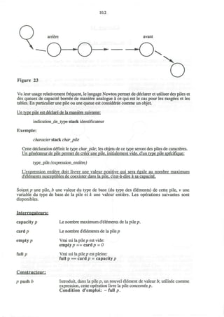 10.2
Figure 23
arriere avant
o o ex
o
Vu leur usage relativement frequent, le langage Newton permet de declarer et utiliser des piles et
des queues de capacite bornee de maniere analogue a ce qui est le cas pour les rangees et les
tables. En particulier une pile ou une queue est considered comme un objet.
Un type pile est declare de la maniere suivante:
indication_de_type stack identificateur
Exemple:
character stack char_pile
Cette declaration definit le type char_pile; les objets de ce type seront des piles de caracteres.
Un generateur de pile permet de creer une pile, initialement vide, d'un type pile specifique:
type_pile (expression_entiere)
L'expression entiere doit livrer une valeur positive qui sera egale au nombre maximum
d'elements susceptibles de coexister dans la pile, c'est-a-dire a sa capacite.
Soient p une pile, b une valeur du type de base (du type des elements) de cette pile, v une
variable du type de base de la pile et k une valeur entiere. Les operations suivantes sont
disponibles.
InlerrQgateurs;
capacity p Le nombre maximum d'elements de la pile p.
card p Le nombre d'elements de la pilep
empty p Vrai ssi la pilep est vide:
empty p == cardp = 0
full p Vrai ssi la pilep est pleine:
full p == card p = capacity p
Constructeur:
p push b Introduit, dans la pile/7, un nouvel element de valeur b; utilisee comme
expression, cette operation livre la pile concerneep.
Condition d'emploi: -full/?.
 