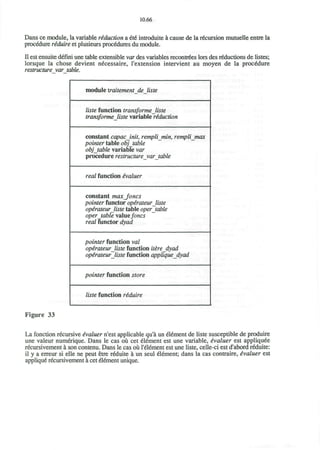 10.66
Dans ce module, la variable reduction a 6te introduite a cause de la recursion mutuelle entre la
procedure riduire et plusieurs procedures du module.
II est ensuite defini une table extensible var des variablesrecontreeslors des reductions de listes;
lorsque la chose devient n£cessaire, l'extension intervient au moyen de la procedure
restructure var table.
Figure 33
module xraitement de liste
liste function transforme liste
transforme liste variable reduction
constant capacinit, remplimin, remplimax
pointer table obj table
obj table variable var
procedure restructure var table
real function evaluer
constant max Jones
pointer functor opirateurjiste
operateur liste table oper table
oper table valuefoncs
real functor dyad
pointer function val
opirateurjiste function iteredyad
opirateurjiste function applique_dyad
pointer function store
liste function riduire
La fonction recursive evaluer n'est applicable qu'a un element de liste susceptible de produire
une valeur numerique. Dans le cas ou cet element est une variable, ivaluer est appliquee
recursivement a son contenu. Dans le cas ou l'element est une liste, celle-ci est d'abord reduite:
il y a erreur si elle ne peut etre reduite a un seul element; dans la cas contraire, ^valuer est
applique recursivement a cet element unique.
 