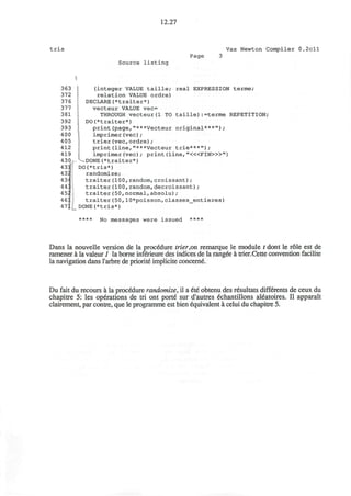 12.27
tris Vax Newton Compiler 0.2cll
Page 3
Source listing
I
363 (integer VALUE taille; real EXPRESSION terme;
372 relation VALUE ordre)
376 DECLARE(*traiter*)
377 vecteur VALUE vec=
381 THROUGH vecteur(l TO taille):=terme REPETITION;
392 DO(*traiter*)
393 print(page,"***Vecteur original***");
400 imprimer(vec);
405 trier(vec,ordre);
412 print(line,"***Vecteur trie***");
419 imprimer (vec) ; print (line, "<«FIN>»")
430f *^DONE(*traiter*)
431 DO(*tris*)
4 32 randomize;
434 traiter(100,random,croissant) ;
4 4 J traiter(100,random,decroissant);
452 traiter(50,normal,absolu);
461 traiter(50,10*poisson,classes_entieres)
4 7 | _ DONE(*tris*)
**** No messages were issued ****
Dans la nouvelle version de la procedure trier,on remarque le module t dont le role est de
ramener a la valeur 1 la borne inferieure des indices de la rangee a trier.Cette convention facilite
la navigation dans l'arbre de priorite implicite concern^.
Du fait du recours a la procedure randomize, il a 6t6 obtenu des resultats differents de ceux du
chapitre 5: les operations de tri ont porte sur d'autres 6chantillons al6atoires. II apparait
clairement, par contre, que le programme est bien equivalent a celui du chapitre 5.
 