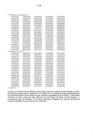 12.28
***Vecteur o
.88759637
.33641416
.68990752
.57536595
.32710342
.47506910
.89196468
.30969776
.39648842
.07227256
.82651929
.37828040
.00802252
.79627938
.70706715
.77457321
.11868213
.42913120
.93007548
.61864589
***Vecteur t
.00202398
.07227256
.13691735
.20676466
.25195965
.30969776
.37828040
.41005658
.43806460
.48188553
.51359451
.56053349
.58010772
.62806806
.68990752
.73573790
.80714670
.86789204
.89598691
.94016480
< « F I N > »
riginal***
.70366748
.13691735
.89598691
.16795266
.73573790
.53847287
.69082392
.48210262
.43806460
.91972647
.42627048
.06122768
.15577872
.91473834
.86789204
.79094743
.24778662
.91664000
.88927966
.80419088
rie***
.00802252
.09285346
.15577872
.22442732
.25729790
.32710342
.38873822
.42102394
.45513067
.48210262
.52800467
.56298938
.59055749
.66028307
.69082392
.77457321
.82651929
.88759637
.91473834
.95899747
35405242
56053349
22840488
09285346
61918043
25195965
57039007
17951115
,97415471
28799911
94016480
61769031
09437347
39238469
41005658
59055749
88838893
45522907
40087074
80714670
03113007
09437347
16795266
22840488
27986089
33641416
39238469
42627048
45522907
48376071
53006908
57039007
61769031
67265771
70366748
79094743
83468913
88838893
91664000
97415471
,23198259
,67354042
,99786204
67751060
,38873822
,42102394
,00202398
,45740369
,27986089
.83721497
,11813826
,73384239
,54367235
,37457295
,25729790
45513067
,49760288
,66028307
48376071
20676466
03546898
,11813826
17951115
23198259
28799911
35405242
39648842
42913120
45740369
49760288
53847287
57536595
61864589
67354042
70706715
,79627938
83721497
,88927966
91972647
,99388031
,19043387
22442732
,56298938
,51107415
,03546898
,62806806
30008400
,99388031
,95899747
51359451
,03113007
83468913
,85499965
57998659
58010772
48188553
52800467
67265771
53006908
43084603
06122768
11868213
19043387
24778662
30008400
37457295
40087074
43084603
47506910
51107415
54367235
57998659
61918043
67751060
73384239
80419088
85499965
89196468
93007548
99786204
A priori, si Ton doit trier les elements d'une rangee selon une relation d'ordre donnee, on peut-
etre amene a choisir entre le "quick-sort" et le "heap-sort". La plupart des autres algorithmes que
Ton rencontre parfois (tri par bulles, tri par insertion, algorithme de tri de Shell,...) sont moins
efficaces ou alors, ceux qui sont efficaces (tri par fusion de listes, tri par baquets,...)
consomment plus de memoire. II est done interessant d'indiquer les raisons qui peuvent
conduire a preferer Tune ou l'autre de ces methodes.
 