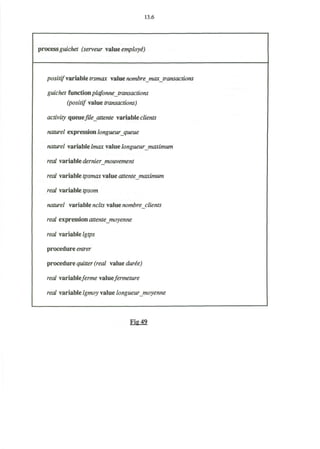 13.6
processguichet (serveur value employe")
positif variable trsmax value nombrejnaxtransactions
guichet functionplqfonne transactions
(positif value transactions)
activity queue fileattente variable clients
naturel expression longueur queue
naturel variable Imax value longueurjnaximwn
real variable dernier rnouvement
real variable tpsmax value attente maximum
real variable tpsom
naturel variable nclts value nombre clients
real expression attente moyenne
real variable Igtps
procedure entrer
procedure quitter (real value durie)
real ariabeferme 2Auefermeture
real variable Igmoy value longueur moyenne
Fig 49
 