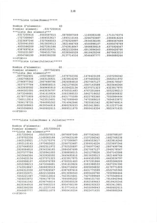2.18
*****Liste triee(Romeo)*****
Nombre d'elements: 40
Premier element: .0317200416
***Liste des elements***
.0317200416 .0503597815 .0878087549 .1169383188 .1713170376
.1727308967 .1804553617 .1893110145 .2266753487 .2304914224
.2323697246 .2327648553 .2792520897 .2834536185 .2884567699
.3250941093 .3815839513 .3821486769 .4500998107 .4595076789
.4935586209 .5627291590 .5743918847 .5808839519 .6375926567
.6387697614 .6585332471 .6822132664 .6913094543 .6995626790
.7055221387 .7894531750 .8338560528 .8618420246 .8670663210
.8954766199 .9080390208 .9137714516 .9546497777 .9940880264
< « F I N > »
*****Liste triee(Juliette)*****
Nombre d'elements: 60
Premier element: .0977562401
***Liste des elements***
.0977562401 .1050788187 .1079702336 .1478423199 .1537206342
.1662768238 .1663126921 .1823816240 .1975602622 .2602511972
.2796977342 .2807499796 .2826084818 .2927067127 .2949178567
.3037577784 .3388858515 .3421278026 .3567143588 .3633646364
.3633930592 .3649495910 .4150422134 .4237571323 .4323917975
.4444501095 .4463034797 .4700551483 .4767201864 .5052298213
.5473246681 .5541619924 .5583388533 .5842718652 .6005856832
.6178771809 .6206312330 .6431775599 .6522765360 .7050984444
.7360112816 .7423515601 .7427099949 .7475568610 .7604833872
.7694178735 .7844995262 .7914942946 .7925561542 .8296746614
.8582589663 .8639344918 .8980292633 .9053413801 .9112237146
.9455096843 .9460602615 .9889511879 .9900418354 .9922471635
< « F I N > »
*****Liste triee(Romeo & Juliette)*****
Nombre d'elements: 100
Premier element: .0317200416
***Liste des elements***
.0317200416 .0503597815 .0878087549 .0977562401 .1050788187
.1079702336 .1169383188 .1478423199 .1537206342 .1662768238
.1663126921 .1713170376 .1727308967 .1804553617 .1823816240
.1893110145 .1975602622 .2266753487 .2304914224 .2323697246
.2327648553 .2602511972 .2792520897 .2796977342 .2807499796
.2826084818 .2834536185 .2884567699 .2927067127 .2949178567
.3037577784 .3250941093 .3388858515 .3421278026 .3567143588
.3633646364 .3633930592 .3649495910 .3815839513 .3821486769
.4150422134 .4237571323 .4323917975 .4444501095 .4463034797
.4500998107 .4595076789 .4700551483 .4767201864 .4935586209
.5052298213 .5473246681 .5541619924 .5583388533 .5627291590
.5743918847 .5808839519 .5842718652 .6005856832 .6178771809
.6206312330 .6375926567 .6387697614 .6431775599 .6522765360
.6585332471 .6822132664 .6913094543 .6995626790 .7050984444
.7055221387 .7360112816 .7423515601 .7427099949 .7475568610
.7604833872 .7694178735 .7844995262 .7894531750 .7914942946
.7925561542 .8296746614 .8338560528 .8582589663 .8618420246
.8639344918 .8670663210 .8954766199 .8980292633 .9053413801
.9080390208 .9112237146 .9137714516 .9455096843 .9460602615
.9546497777 .9889511879 .9900418354 .9922471635 .9940880264
« < F I N > »
 
