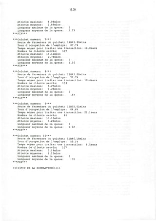 13.20
Attente maximum: 8.98mins
Attente moyenne: 2.89mins
Longueur maximum de la queue: 3
Longueur moyenne de la queue: 1.23
***FIN***
***Guichet numero: 7***
Heure de fermeture du guichet: llH45.80mins
Taux d'occupation de 1'employe: 87.7%
Temps moyen pour traiter une transaction: 16.8secs
Nombre de clients servis: 107
Attente maximum: 14.12mins
Attente moyenne: 2.78mins
Longueur maximum de la queue: 3
Longueur moyenne de la queue: 1.16
***FIN***
***Guichet numero: 8***
Heure de fermeture du guichet: llH45.00mins
Taux d'occupation de 1'employe: 72.7%
Temps moyen pour traiter une transaction: 10.4secs
Nombre de clients servis: 174
Attente maximum: 6.25mins
Attente moyenne: 1.28mins
Longueur maximum de la queue: 3
Longueur moyenne de la queue: .87
***Guichet numero: 9***
Heure de fermeture du guichet: llH55.01mins
Taux d1
occupation de 1'employe: 84.6%
Temps moyen pour traiter une transaction: 21.1secs
Nombre de clients servis: 84
Attente maximum: 13.13mins
Attente moyenne: 3.22mins
Longueur maximum de la queue: 3
Longueur moyenne de la queue: 1.02
***FIN***
***Guichet numero: 10***
Heure de fermeture du guichet: llH46.19mins
Taux d"occupation de 1'employe: 59.1%
Temps moyen pour traiter une transaction: 8.5secs
Nombre de clients servis: 157
Attente maximum: 5.14mins
Attente moyenne: 1.15mins
Longueur maximum de la queue: 3
Longueur moyenne de la queue: .70
***FIN***
< « « F I N DE LA SIMULATION>»»
 