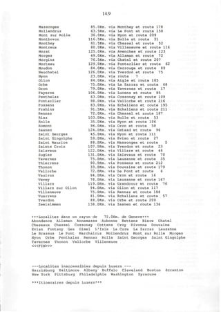 14.9
Massongex
Mollendruz
Mont sur Rolle
Montbovon
Monthey
Montreux
Morat
Morges
Morgins
Morteau
Moudon
Neuchatel
Nyon
Ollon
Orbe
Oron
Payerne
Penthalaz
Pontarlier
Possens
Prahins
Rennaz
Riaz
Rolle
Romont
Saanen
Saint Georges
Saint Gingolphe
Saint Maurice
Sainte Croix
Salavaux
Sugiez
Tavernes
Thierrens
Thonon
Vallorbe
Vaulruz
Vevey
Villars
Villars sur Ollon
Villeneuve
Vuarrens
Yverdon
Zweisimmen
85
63
36
116
81
80
125
49
76
129
84,
126,
23,
84,
75,
79,
106.
63,
98,
83,
91,
72.
103.
35.
96.
124.
45.
59.
88.
107.
122.
131.
75.
90.
33.
72.
94.
78.
119.
94.
75.
81.
88.
138.
. OKm.
. 5Km.
.OKm.
. 5Km.
. 5Km.
.OKm.
.OKm.
.OKm.
. 5Km.
.OKm.
.OKm.
.OKm.
.OKm.
.OKm.
.OKm.
.OKm.
.OKm.
.OKm.
. OKm.
.OKm.
. 5Km.
.OKm.
.OKm.
, OKm.
.OKm.
,0Km.
OKm.
OKm.
,0Km.
OKm.
OKm.
OKm.
OKm.
OKm.
OKm.
OKm.
OKm.
OKm.
OKm.
OKm.
OKm.
OKm.
OKm.
OKm.
via
via
via
via
via
via
via
via
via
via
via
via
via
via
via
via
via
via
via
via
via
via
via
via
via
via
via
via
via
via
via
via
via
via
via
via
via
via
via
via
via
via
via
via
Monthey et route 17 8
Le Pont et route 158
Nyon et route 209
Bulle et route 31
Chessel et route 52
Villeneuve et route 116
Avenches et route 123
Allaman et route 72
Chatel et route 207
Pontarlier et route 62
Carrouge et route 89
Yverdon et route 75
route 7
Aigle et route 185
La Sarraz et route 68
Tavernes et route 17
Lucens et route 85
Cossonay et route 109
Vallorbe et route 216
Echallens et route 195
Echallens et route 211
Chessel et route 187
Bulle et route 53
Nyon et route 106
Oron et route 58
Gstaad et route 96
Nyon et route 111
Evian et route 27
Massongex et route 5
Yverdon et route 23
Villars et route 48
Salavaux et route 70
Lausanne et route 35
Possens et route 212
Douvaine et route 17 9
Le Pont et route 6
Oron et route 16
Lausanne et route 167
Grandcour et route 7 6
Ollon et route 117
Rennaz et route 188
Echallens et route 57
Orbe et route 20 0
Saanen et route 136
+++Localites dans un rayon de 75.OKm. de Geneve+++
Abondance Allaman Annemasse Aubonne Bettens Biere Chatel
Cheseaux Chessel Cossonay Cottens Croy Divonne Douvaine
Evian Fontany Gex Gimel L'Isle La Cure La Sarraz Lausanne
Le Brassus Le Pont Marchairuz Mollendruz Mont sur Rolle Morges
Nyon Orbe Penthalaz Rennaz Rolle Saint Georges Saint Gingolphe
Tavernes Thonon Vallorbe Villeneuve
< « F I N > »
Localites inaccessibles depuis Luzern
Harrisburg Baltimore Albany Buffalo Cleveland Boston Scranton
New York Pittsburg Philadelphie Washington Syracuse
***Itineraires depuis Luzern**"
 