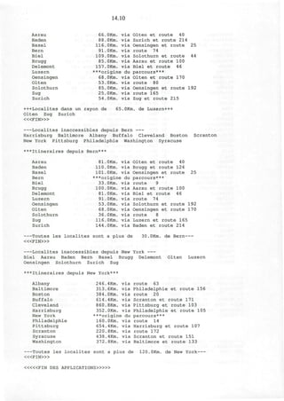 14.10
Aarau
Baden
Basel
Bern
Biel
Brugg
Delemont
Luzern
Oensingen
Olten
Solothurn
Zug
Zurich
66.OKm. via
88.OKm. via
116.OKm. via
91.OKm. via
109.OKm. via
85.OKm. via
157.OKm. via
***origine du
68.OKm. via
53.OKm. via
85.OKm. via
25.OKm. via
54.OKm. via
Olten et route 40
Zurich et route 214
Oensingen et route 25
route 74
Solothurn et route 44
Aarau et route 100
Biel et route 46
parcours***
Olten et route 170
route 80
Oensingen et route 192
route 165
Zug et route 215
+++Localites dans un rayon de
Olten Zug Zurich
< « F I N > »
65.OKm. de Luzern+++
Localites inaccessibles depuis Bern
Harrisburg Baltimore Albany Buffalo Cleveland Boston Scranton
New York Pittsburg Philadelphie Washington Syracuse
***Itineraires depuis Bern***
Aarau
Baden
Basel
Bern
Biel
Brugg
Delemont
Luzern
Oensingen
Olten
Solothurn
Zug
Zurich
81.OKm. via
110.OKm. via
101.OKm. via
***origine du
33.OKm. via
100.OKm. via
81.OKm. via
91.OKm. via
53.OKm. via
68.OKm. via
36.OKm. via
116.OKm. via
144.OKm. via
Olten et route 40
Brugg et route 124
Oensingen et route 25
parcours***
route 9
Aarau et route 100
Biel et route 46
route 74
Solothurn et route 192
Oensingen et route 170
route 8
Luzern et route 165
Baden et route 214
Toutes les localites sont a plus de
< « F I N » >
30.OKm. de Bern
Localites inaccessibles depuis New York
Biel Aarau Baden Bern Basel Brugg Delemont Olten Luzern
Oensingen Solothurn Zurich Zug
***Itineraires depuis New York***
Albany
Baltimore
Boston
Buffalo
Cleveland
Harrisburg
New York
Philadelphie
Pittsburg
Scranton
Syracuse
Washington
246.
313.
384.
614.
860.
352.
4Km.
, 6Km.
.OKm.
, 4Km.
. 8Km.
.OKm.
via
via
via
via
via
via
***origine du
160.
654.
220,
438,
372,
.OKm.
. 4Km.
. 8Km.
. 4Km.
. 8Km.
via
via
via
via
via
route 63
Philadelphie et route 156
route 20
Scranton et route 171
Pittsburg et route 103
Philadelphie et route 105
parcours***
route 14
Harrisburg et route 107
route 172
Scranton et route 151
Baltimore et route 133
Toutes les localites sont a plus de 120.OKm. de New York
<«FIN>»
<««FIN DES APPLICATIONS>»»
 