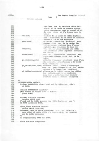 14.16
villes
Source listing
Page
Vax Newton Compiler 0.2cl6
575
575
575
575
575
575
575
575
575
575
575
575
575
575
575
575
575
575
575
575
575
575
575
575
575
575
575
575
575
575
575
576
580
583
583
587
587
590
590
593
598
598
606
606
609
614
614
614
614
614
623
623
baptisee nom et retourne cette der-
niere; si la table ne possede aucune
telle composante, cree un nouvel objet
du type ville et l'y insere dans la
table
des[nom] elimine de la table la ville baptisee
nom ; sans-effet si la table ne contient
aucune ville du nom approprie
pare[acte] effectue 1'operation acte[loc] pour
chaque ville loc de la table; les
villes seront traitees dans I'ordre
alphabetique croissant de leur nom
une[cond] vrai ssi la table possede une ville
loc (au moins) pour laquelle cond[loc]
est vraie
touts[cond] vrai ssi 1'expression cond[loc] est
vraie pour chaque ville loc de la
table
pr__une [cond, acte] effectue l'enonce acte [loc] pour l'une
des localites satisfaisant a la condi-
tion cond[loc]
pr_celles[cond,acte] effectue, dans I'ordre alphabetique
acte[loc] pour chaque ville loc satis-
faisant a la condition cond[loc]
el_celles[cond,acte] elimine de la table toutes les villes
loc satisfaisant a la condition
cond[loc] ; effectue pour chacune
d'entres elles l'enonce acte[loc]
*)
DECLARE(*ville_table*)
Boolean EXPRESSION vide=(*vrai ssi la table est vide*)
vd EVAL;
naturel EXPRESSION quantite=
(*le nombre de villes dans la table*)
quant EVAL;
Boolean FUNCTION contient
(string VALUE nom)
(*vrai ssi la table possede une ville baptisee nom *)
DO TAKE cont[nom] DONE;
ville_table FUNCTION inserer
(ville VALUE localite)
(*insere, dans la table concernee, la ville localite ;
sans effet si cette ville s'y trouve deja. Le resultat
est la table concernee
*)
DO ins[localite] TAKE moi DONE;
ville FUNCTION composante
 