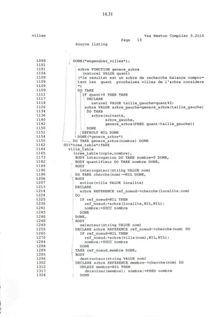 14.31
villes Vax Newton Compiler 0.2cl6
Page 10
Source listing
1099 DONE(*engendrer_villes*) ;
1101
1101 arbre FUNCTION genere_arbre
1104 (naturel VALUE quant)
1109 (*le resultat est un arbre de recherche balance compor=
1109 tant les quant prochaines villes de I'arbre considere
1109 *)
1109 DO TAKE
1111 IF quant>0 THEN TAKE
1117 DECLARE
1118 n a t u r e l VALUE t a i l l e _ g a u c h e = q u a n t % 2 ;
1126 a r b r e VALUE a r b r e _ g a u c h e = g e n e r e _ a r b r e ( t a i l l e _ g a u c h e )
1134 DO TAKE
1136 arbre(suivante,
114 0 arbre_gauche,
1142 genere_arbre(PRED quant-taille_gauche))
1150 DONE
1151 DEFAULT NIL DONE
1154 - DONE(*genere_arbre*)
1155 — DO TAKE genere_arbre(nombre) DONE
1162 DO(*cree_table*)TAKE
1164 ville_table
1165 (cree_table(copie,nombre),
1173 BODY interrogation DO TAKE nombre=0 DONE,
1182 BODY quantifieur DO TAKE nombre DONE,
1189 BODY
1190 interrogateur(string VALUE nom)
1196 DO TAKE cherche(nom)~=NIL DONE,
12 06 ' BODY
1207 action(ville VALUE localite)
1213 DECLARE
1214 arbre REFERENCE ref_noeud->cherche(localite.nom)
1224 DO
1225 IF ref_noeud=NIL THEN
1230 ref_noeud:=arbre(localite,NIL,NIL);
1241 nombre:=SUCC nombre
1245 DONE
1246 DONE,
124 8 'BODY
1249 selecteur(string VALUE nom)
1255 DECLARE arbre REFERENCE ref_noeud->cherche(nom) DO
12 65 IF ref_noeud=NIL THEN
1270 ref_noeud:=arbre(ville(nom),NIL,NIL);
1284 nombre:=SUCC nombre
12 88 DONE
1289 TAKE ref_noeud.membre DONE,
12 95 BODY
1296 destructeur(string VALUE nom)
1302 DECLARE arbre REFERENCE membre->cherche(nom) DO
1312 UNLESS membre=NIL THEN
1317 deraciner(membre); nombre:=PRED nombre
1326 DONE
 