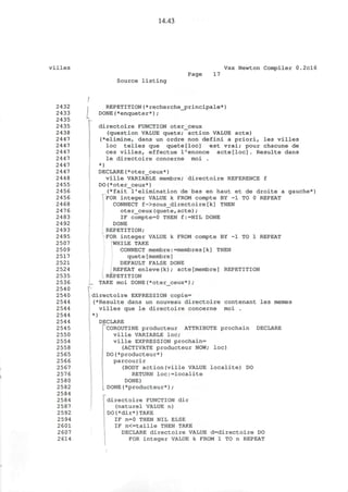 14.43
villes Vax Newton Compiler 0.2cl6
Page 17
Source listing
2432
2433
2435
2435
2438
2447
2447
2447
2447
2447
2447
2448
2455
2456
2456
2468
2476
2483
2492
2493
2495
2507
2509
2517
2521
2524
2535
2536
2540
2540
2544
2544
2544
2544
2545
2550
2554
2558
2565
2566
2567
2576
2580
2582
2584
2584
2587
2592
2594
2601
2607
2614
REPETITION(*recherche_principale*)
DONE(*enqueter*);
directoire FUNCTION oter_ceux
(question VALUE quete; action VALUE acte)
(*elimine, dans un ordre non defini a priori, les villes
loc telles que quete[loc] est vrai; pour chacune de
ces villes, effectue l'enonce actefloc]. Resulte dans
le directoire concerne moi .
*)
DECLARE(*oter_ceux*)
ville VARIABLE membre; directoire REFERENCE f
DO(*oter_ceux*)
(*fait 1'elimination de bas en haut et de droite a gauche*)
FOR integer VALUE k FROM compte BY -1 TO 0 REPEAT
CONNECT f->sous_directoire[k] THEN
oter_ceux(quete,acte);
IF compte=0 THEN f:=NIL DONE
DONE
REPETITION;
FOR integer VALUE k FROM compte BY -1 TO 1 REPEAT
WHILE TAKE
CONNECT membre:=membres[k] THEN
quete[membre]
DEFAULT FALSE DONE
REPEAT enleve(k); acte[membre] REPETITION
REPETITION
. TAKE moi DONE(*oter_ceux*);
directoire EXPRESSION copie=
(*Resulte dans un nouveau directoire contenant les memes
villes que le directoire concerne moi .
*)
DECLARE
'COROUTINE producteur ATTRIBUTE prochain DECLARE
ville VARIABLE loc;
ville EXPRESSION prochain=
(ACTIVATE producteur NOW; loc)
DO(*producteur*)
parcourir
(BODY action(ville VALUE localite) DO
RETURN loc:=localite
DONE)
DONE(*producteur*);
directoire FUNCTION dir
(naturel VALUE n)
DO(*dir*)TAKE
IF n=0 THEN NIL ELSE
IF n<=taille THEN TAKE
DECLARE directoire VALUE d=directoire DO
FOR integer VALUE k FROM 1 TO n REPEAT
I
 