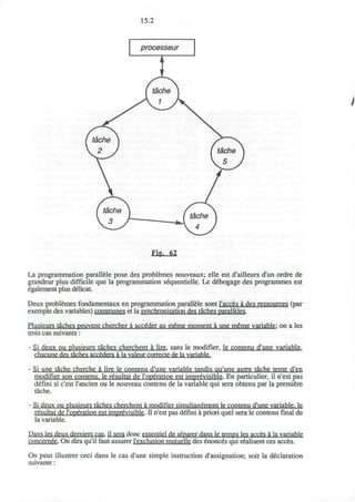 15.2
Fig. 62
La programmation parallele pose des problemes nouveaux; elle est d'ailleurs d'un ordre de
grandeur plus difficile que la programmation sequentielle. Le debogage des programmes est
egalement plus delicat
Deux problemes fondamentaux en programmation parallele sont l'acces a des ressources (par
exemple des variables) communes et la synchronisation des taches paralleles.
Plusieurs taches peuvent chercher a accgder au meme moment a une meme variable: on a les
trois cas suivants:
- Si deux ou plusieurs taches cherchent a lire, sans le modifier, le contenu d'une variable,
chacune des taches accedera a la valeur correcte de la variable.
- Si une tache cherche a lire le contenu d'une variable tandis qu'une autre tache tente d'en
modifier son contenu. le resultat de l'operation est imprevisible. En particulier, il n'est pas
defini si c'est l'ancien ou le nouveau contenu de la variable qui sera obtenu par la premiere
tache.
- Si deux ou plusieurs taches cherchent a modifier simultanement le contenu d'une variable, le
resultat de l'operation est imprevisible. II n'est pas defini a priori quel sera le contenu final de
la variable.
Dans les deux derniers cas. il sera done essentiel de separer dans le temps les acces a la variable
concernee. On dira qu'il faut assurer l'exclusion mutuelle des enonces qui realisent ces acces.
On peut illustrer ceci dans le cas d'une simple instruction ^assignation; soit la declaration
suivante:
 