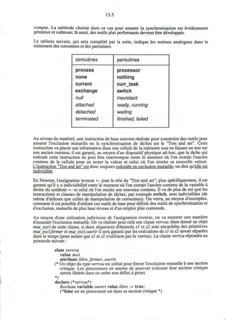 15.5
compte. La m^thode choisie dans ce cas pour assurer la synchronisation est eVidemment
primitive et coiiteuse; la aussi, des outils plus performants devront etre deVelopp£s.
Le tableau suivant, qui sera complete par la suite, indique les notions analogues dans le
traitement des coroutines et des paroutines.
coroutines
process
none
current
exchange
null
attached
detached
terminated
paroutines
processor
nothing
curr_task
switch
inexlstant
ready, running
waiting
finished, failed
Au niveau du materiel, une instruction de base souvent r^alisee pour construire des outils pour
assurer l'exclusion mutuelle ou la synchronisation de taches est le "Test and set". Cette
instruction va placer une information dans une cellule de la memoire tout en faisant un test sur
son ancien contenu; il est garanti, au moyen d'un dispositif physique ad-hoc, que la tache qui
execute cette instruction ne peut etre interrompue entre le moment ou Ton extrait l'ancien
contenu de la cellule pour en tester la valeur et celui ou Ton stocke sa nouvelle valeur.
L'instruction "Test and set" est done toujours executee en exclusion mutuelle: on dira qu'elle est
indivisible.
En Newton, l'assignation inverse =: joue le role du "Test and set"; plus sp6cifiquement, il est
garanti qu'il y a indivisibility entre le moment ou Ton extrait l'ancien contenu de la variable a
droite du symbole =: et celui ou Ton stocke son nouveau contenu. II va de plus de soi que les
instructions et clauses de manipulation de taches, par exemple switch, sont indivisibles (de
meme d'ailleurs que celles de manipulation de coroutines). On verra, au moyen d'exemples,
comment il est possible d'utiliser ces outils de base pour definir des outils de synchronisation et
d'exclusion, mutuelle de plus haut niveau et d'un emploi plus commode.
Au moyen d'une utilisation judicieuse de l'assignation inverse, on va montrer une maniere
d'assumer l'exclusion mutuelle. On va realiser pour cela une classe verrou; etant donne un objet
mutexel de cette classe, si deux sequences d'enonces si et s2 sont encachees des primitives
mutexclfermer et mutexcl.ouvrir il sera garanti que les executions de si et s2 seront separees
dans le temps (pour autant que si et s2 n'utilisent pas le verrou). La classe verrou r£pondra au
protocole suivant:
class verrou
value moi
attribute libre, fermer, ouvrir
(* Un objet du type verrou est utilise pour forcer l'exclusion mutuelle a une section
critique. Les processeurs en attente de pouvoir executer lew section critique
seront liberes dans un ordre non defini a priori.
*;
declare (*verrou*)
Boolean variable ouvert value libre := true;
(*false ssi un processeur est dans sa section critique *)
 