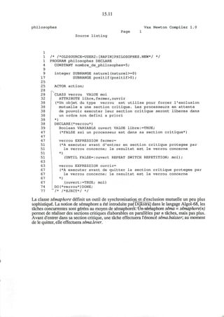 15.11
philosophies Vax Newton Compiler 1
Page 1
Source listing
1
1 /* /*0LDS0URCE=USER2:[RAPIN]PHILOSOPHES.NEW*/ */
1 PROGRAM philosophes DECLARE
4 CONSTANT nombre_de_philosophes=5;
9
9 integer SUBRANGE naturel(naturel>=0)
17 SUBRANGE positif(positif>0);
25
25 ACTOR action;
28 ^
28 CLASS verrou VALUE moi
32 ATTRIBUTE libre,fermer,ouvrir
38 (*Un objet du type verrou est utilise pour forcer l1
exclusion
38 mutuelle a une section critique. Les processeurs en attente
38 de pouvoir executer leur section critique seront liberes dans
38 un ordre non defini a priori
38 *)
38 DECLARE(*verrou*)
39 Boolean VARIABLE ouvert VALUE libre:=TRUE;
47 (*FALSE ssi un processeur est dans sa section critique*)
47
47 verrou EXPRESSION fermer=
51 (*A executer avant d'entrer en section critique protegee par
51 le verrou concerne; le resultat est le verrou concerne
51 *)
51 (UNTIL FALSE=:ouvert REPEAT SWITCH REPETITION; moi);
63
63 verrou EXPRESSION ouvrir=
67 (*A executer avant de quitter la section critique protegee par
67 le verrou concerne; le resultat est le verrou concerne
67 *)
67 (ouvert:=TRUE; moi)
74 DO(*verrou*)DONE;
77 /* /*EJECT*/ */
La classe semaphore definit un outil de synchronisationet d'exclusion mutuelle un peu plus
sophistique. La notion de semaphore a €l€ introduite panDijkstraj dans le langage Algol-68, les
taches concurrentes sont gerees au moyen de semaphorekrUn-s^maphore sima = simaphore(n)
permet de realiser des sections critiques elaborables en paralleles par n taches, mais pas plus.
Avant d'entrer dans sa section critique, une tache effectuera I'enonce sima.baisser, au moment
de le quitter, elle effectuera sema.lever.
 