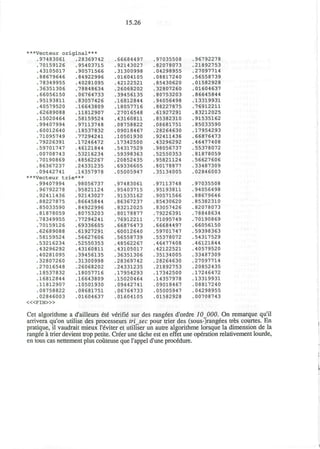 15.26
***Vecteur original***
.97483061 .28369742
.70159126
.43105017
.88679646
.78349955
.36351306
.66056150
.95193811
.40579520
.62689088
.15020464
.99407994
.60012640
.71095749
.79226391
.59701747
.00708743
.70190869
.86367237
.09442741
95403715
90571566
84922996
40281095
78848634
06764733
83057426
16643809
11812907
58159524
97113748
18537832
77294241
17246472
46121844
53216234
48562267
24331235
14357978
***Vecteur trie***
.99407994
.96792278
.92411436
.88227875
.85033590
.81878059
.78349955
.70159126
.62689088
.58159524
.53216234
.43296292
.40281095
.32807260
.27016548
.18537832
.16812844
.11812907
.08758822
.02846003
< « F I N > »
.98056737
.95821124
.92143027
.86645844
.84922996
.80753203
.77294241
.69336605
.61927291
.56627606
.52550353
.43160811
.39456135
.31300998
.26068202
.18057716
.16643809
.10501930
.08681751
.01604637
66684497
92143027
31300998
01604105
42122521
26068202
39456135
16812844
18057716
27016548
43160811
08758822
09018467
10501930
17342500
54317529
59398363
20852435
69336605
05005947
97483061
95403715
91535162
86367237
83212025
80178877
76912211
66876473
60012640
56558739
48562267
43105017
36351306
28369742
24331235
17954293
15020464
09442741
06764733
01604105
97035508
,82078073
04298955
08817240
85430620
32807260
80753203
94056498
,88227875
61927291
85382310
,08681751
28264630
92411436
43296292
98056737
52550353
95821124
80178877
35134005
97113748
95193811
90571566
85430620
83057426
79226391
71095749
66684497
59701747
55378072
46477408
42122521
35134005
28264630
21892753
17342500
14357978
09018467
05005947
01582928
,96792278
,21892753
,27097714
,56558739
,01582928
,01604637
,86645844
,13319931
,76912211
,83212025
,91535162
,85033590
,17954293
66876473
46477408
55378072
81878059
56627606
33487309
02846003
97035508
94056498
88679646
85382310
82078073
78848634
70190869
66056150
59398363
54317529
46121844
40579520
33487309
27097714
20852435
17246472
13319931
,08817240
04298955
00708743
Cet algorithme a d'ailleurs ete verifie sur des rangees d'ordre 10000. On remarque qu'il
arrivera qu'on utilise des processeurs trisec pour trier des (sous-)rangees tres courtes. En
pratique, il vaudrait mieux I'eviter et utiliser un autre algorithme lorsque la dimension de la
rangee a trier devient trop petite. Creer une tache est en effet une operation relativement lourde,
en tous cas nettement plus couteuse que l'appel d'une procedure.
 