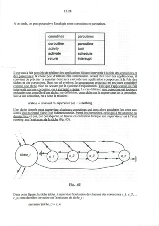 15.28
A ce stade, on peut poursuivre l'analogie entre coroutines et paroutines.
coroutines
coroutine
activity
activate
return
paroutines
paroutine
task
schedule
interrupt
II est tout a fait possible de r6aliser des applications faisant intervenir a la fois des coroutines et
des paroutines: la chose peut d'ailleurs etre interessante. Avant d'en voir des applications, il
convient de preciser la maniere dont sera executee une application comportant a.la fois des
taches et des coroutines. Dans un tel systeme, le programme principal est toujours considere
comme une tache mise en oeuvre par le systeme d'exploitation. Tant que 1'application ne fait
intervenir aucune coroutine, on a current = none. Le cas echeant, une coroutine est toujours
executee sous controle d'une tache: par definition, cette tache est le superviseur de la coroutine.
Soit a une coroutine, on a done la relation :
state a - attached l> supervisor (a) ~ = nothing
Une tache donnee peut superviser plusieurs coroutines qui sont alors attachees les unes aux
autres sous la forme d'une liste bidirectionnelle. Parmi les coroutines, celle qui a 6t6 attached en
dernier lieu et qui, par consequent, se trouve en execution lorsque son superviseur est a l'etat
running, est l'executant de la tache (fig. 65).
Fig. 65
Dans cette figure, la tache tacheJ supervise l'execution de chacune des coroutines c_l, c_2,
c_n cette derniere coroutine est l'executant de tache j :
executant (tacheJ) = en
 