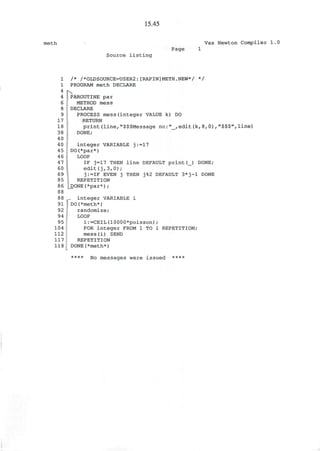 meth
15.45
Vax Newton Compiler 1.0
Page
Source listing
/* /*0LDS0URCE=USER2:[RAPIN]METH.NEW*/ */
PROGRAM meth DECLARE
PAROUTINE par
METHOD mess
DECLARE
PROCESS mess(integer VALUE k) DO
RETURN
print(line,"$$$Message no:"_,edit(k,8,0),"$$$",line)
DONE;
integer VARIABLE j:=17
DO(*par*)
LOOP
IF j=17 THEN line DEFAULT print(_) DONE;
edit(j,3,0);
j:=IF EVEN j THEN j%2 DEFAULT 3*j-l DONE
REPETITION
DONE(*par*);
88 r integer VARIABLE i
91 J DO(*meth*)
92 randomize;
94 LOOP
95 i:=CEIL(10000*poisson);
104 FOR integer FROM 1 TO i REPETITION;
112 mess(i) SEND
117 REPETITION
118 DONE(*meth*)
**** No messages were issued * ** *
 
