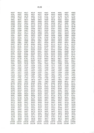 15.52
4507
4591
4663
4759
4861
4943
5009
5099
5189
5281
5393
5449
5527
5641
5701
5801
5861
5953
6067
6143
6229
6311
6373
6481
6577
6679
6763
6841
6947
7001
7109
7211
7307
7417
7507
7573
7649
7727
7841
7927
8039
8117
8221
8293
8389
8513
8599
8681
8747
8837
8933
9013
9127
9203
9293
9391
9461
9539
9643
9739
9817
9901
4513
4597
4673
4783
4871
4951
5011
5101
5197
5297
5399
5471
5531
5647
5711
5807
5867
5981
6073
6151
6247
6317
6379
6491
6581
6689
6779
6857
6949
7013
7121
7213
7309
7433
7517
7577
7669
7741
7853
7933
8053
8123
8231
8297
8419
8521
8609
8689
8753
8839
8941
9029
9133
9209
9311
9397
9463
9547
9649
9743
9829
9907
4517
4603
4679
4787
4877
4957
5021
5107
5209
5303
5407
5477
5557
5651
5717
5813
5869
5987
6079
6163
6257
6323
6389
6521
6599
6691
6781
6863
6959
7019
7127
7219
7321
7451
7523
7583
7673
7753
7867
7937
8059
8147
8233
8311
8423
8527
8623
8693
8761
8849
8951
9041
9137
9221
9319
9403
9467
9551
9661
9749
9833
9923
4519
4621
4691
4789
4889
4967
5023
5113
5227
5309
5413
5479
5563
5653
5737
5821
5879
6007
6089
6173
6263
6329
6397
6529
6607
6701
6791
6869
6961
7027
7129
7229
7331
7457
7529
7589
7681
7757
7873
7949
8069
8161
8237
8317
8429
8537
8627
8699
8779
8861
8963
9043
9151
9227
9323
9413
9473
9587
9677
9767
9839
9929
4523
4637
4703
4793
4903
4969
5039
5119
5231
5323
5417
5483
5569
5657
5741
5827
5881
6011
6091
6197
6269
6337
6421
6547
6619
6703
6793
6871
6967
7039
7151
7237
7333
7459
7537
7591
7687
7759
7877
7951
8081
8167
8243
8329
8431
8539
8629
8707
8783
8863
8969
9049
9157
9239
9337
9419
9479
9601
9679
9769
9851
9931
4547
4639
4721
4799
4909
4973
5051
5147
5233
5333
5419
5501
5573
5659
5743
5839
5897
6029
6101
6199
6271
6343
6427
6551
6637
6709
6803
6883
6971
7043
7159
7243
7349
7477
7541
7603
7691
7789
7879
7963
8087
8171
8263
8353
8443
8543
8641
8713
8803
8867
8971
9059
9161
9241
9341
9421
9491
9613
9689
9781
9857
9941
4549
4643
4723
4801
4919
4987
5059
5153
5237
5347
5431
5503
5581
5669
5749
5843
5903
6037
6113
6203
6277
6353
6449
6553
6653
6719
6823
6899
6977
7057
7177
7247
7351
7481
7547
7607
7699
7793
7883
7993
8089
8179
8269
8363
8447
8563
8647
8719
8807
8887
8999
9067
9173
9257
9343
9431
9497
9619
9697
9787
9859
9949
4561
4649
4729
4813
4931
4993
5077
5167
5261
5351
5437
5507
5591
5683
5779
5849
5923
6043
6121
6211
6287
6359
6451
6563
6659
6733
6827
6907
6983
7069
7187
7253
7369
7487
7549
7621
7703
7817
7901
8009
8093
8191
8273
8369
8461
8573
8663
8731
8819
8893
9001
9091
9181
9277
9349
9433
9511
9623
9719
9791
9871
9967
4567
4651
4733
4817
4933
4999
5081
5171
5273
5381
5441
5519
5623
5689
5783
5851
5927
6047
6131
6217
6299
6361
6469
6569
6661
6737
6829
6911
6991
7079
7193
7283
7393
7489
7559
7639
7717
7823
7907
8011
8101
8209
8287
8377
8467
8581
8669
8737
8821
8923
9007
9103
9187
9281
9371
9437
9521
9629
9721
9803
9883
9973
4583
4657
4751
4831
4937
5003
5087
5179
5279
5387
5443
5521
5639
5693
5791
5857
5939
6053
6133
6221
6301
6367
6473
6571
6673
6761
6833
6917
6997
7103
7207
7297
7411
7499
7561
7643
7723
7829
7919
8017
8111
8219
8291
8387
8501
8597
8677
8741
8831
8929
9011
9109
9199
9283
9377
9439
9533
9631
9733
9811
9887
10007
10009 10037 10039 10061 10067 10069 10079 10091 10093 10099
10103 10111 10133 10139 10141 10151 10159 10163 10169 10177
 