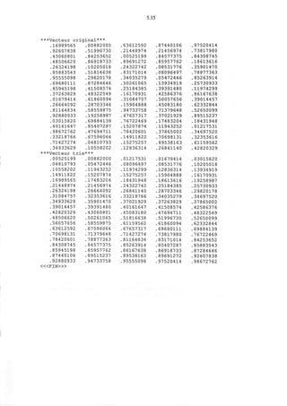 5.15
***Vecteur original***
.16989565 .00882000
.92607838
.43060801
.48506620
.26324198
.85883543
.95555098
.69680111
.85945198
.37263829
.01679414
.26664092
.81164834
.92880933
.03015820
.40161647
.98672762
.33218766
.71427274
.34933629
.51996730
.84253652
.86918733
.10205018
.51816638
.29820178
.87284646
.41508574
.48322549
.61860094
.28703346
.58559875
.19258987
.69884139
.85407287
.47694711
.67596064
.04810793
.10558202
***Vecteur trie***
.00525199
.04810793
.10558202
.14911822
.16989565
.21448974
.26324198
.31084757
.34933629
.39014457
.42820329
.48506620
.56057656
.63612592
.70698131
.78420601
.84308745
.85945198
.87440106
.92880933
< « F I N > »
.00882000
.05472446
.11943252
.15207874
.17483204
.21456974
.26664092
.32353616
.35901470
.39391480
.43060801
.50261065
.58559875
.67596064
.71379648
.78877363
.84577375
.85957762
.89515237
.94733758
63612592
21448974
00525199
89691272
24322742
83171014
34035279
50261065
25184385
16170931
,31084757
15904888
94733758
67657317
76722469
15207874
78420601
14911822
15275257
12836314
01217531
08096497
11974299
15275257
18431948
24322742
26841140
33218766
37021929
40161647
45083180
51816638
61159562
67657317
71427274
81164834
85263914
86167638
89538163
95555098
87440106
21456974
84577375
85957762
08531776
08096497
05472446
13934919
39391480
42586376
56057656
45083180
71379648
37021929
17483204
11943252
37865002
70698131
89538163
26841140
01679414
08531776
12836314
15904888
18613616
25184385
28703346
34035279
37263829
41508574
47694711
51996730
61860094
69680111
73817980
83171014
85407287
86918733
89691272
97520414
97520414
73817980
84308745
18613616
,35901470
78877363
,85263914
,25730933
,11974299
86167638
,39014457
,62332844
,52650099
,89515237
,18431948
,01217531
,34697520
,32353616
,61159562
,42820329
03015820
10205018
13934919
16170931
19258987
25730933
29820178
34697520
37865002
42586376
48322549
52650099
62332844
69884139
76722469
84253652
85883543
87284646
92607838
98672762
 