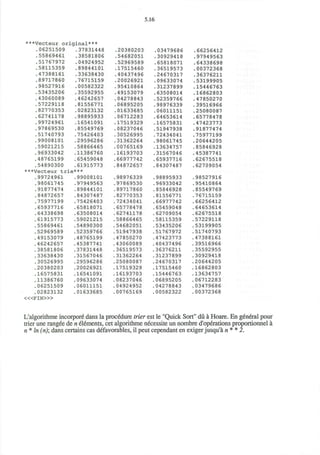 5.16
***Vecteur original***
.06251509 .37831448
.55869461
.51767972
.58115359
.47388161
.89717860
.98527916
.53435206
.43060089
.57229118
.82770353
.62741178
.99724961
.97869530
.51740793
.99008101
.59021215
.96933042
.48765199
.54890300
.38581806
.04924952
.89844101
.33638430
.76715159
.00582322
.35592955
.46242657
.81556771
.02823132
.98895933
.16541091
.85549769
.75426403
.29596286
.58866465
.11386760
.65459048
.61915773
***Vecteur trie***
.99724961
.98061745
.91877474
.84872657
.75977199
.65937716
.64338698
.61915773
.55869461
.52969589
.49153079
.46242657
.38581806
.33638430
.30526995
.20380203
.16575831
.11386760
.06251509
.02823132
< « F I N > »
,99008101
.97949563
,89844101
,84307487
,75426403
,65818071
63508014
59021215
54890300
52359766
48765199
45387741
37831448
31567046
29596286
20026921
16541091
09633074
06011151
01633685
.20380203
.54682051
.52969589
.17515460
.40437496
.20026921
.95410864
.49153079
.04278843
.06895205
.01633685
.06712283
.17519329
.08237046
.30526995
.31362264
.00765169
.16193703
,66977742
.84872657
,98976339
,97869530
,89717860
,82770353
72434041
65778478
62741178
58866465
54682051
51947938
47850270
43060089
36519573
31362264
25080087
17519329
16193703
08237046
04924952
00765169
.03479686
.30929418
.65818071
.36519573
.24670317
.09633074
.31237899
.63508014
.52359766
.98976339
.06011151
.64653614
.16575831
.51947938
.72434041
.98061745
.13634757
.31567046
.65937716
.84307487
,98895933
,96933042
,85846928
,81556771
,66977742
65459048
62709054
58115359
53435206
51767972
47423773
40437496
36376211
31237899
24670317
17515460
15446763
06895205
04278843
00582322
.66256412
.97949563
.64338698
.00372368
.36376211
.53199905
.15446763
.16862803
.47850270
.39516966
.25080087
.65778478
.47423773
.91877474
.75977199
.20644205
.85846928
.45387741
.62675518
.62709054
,98527916
,95410864
,85549769
,76715159
66256412
64653614
62675518
57229118
53199905
51740793
47388161
39516966
35592955
30929418
20644205
16862803
13634757
06712283
03479686
00372368
L'algorithme incorpore dans la procedure trier est le "Quick Sort" du a Hoare. En general pour
trier une rangee de n elements, cet algorithme necessite un nombre d'operations proportionnel a
n * In (n); dans certains cas defavorables, il peut cependant en exigerjusqu'a n * * 2.
 
