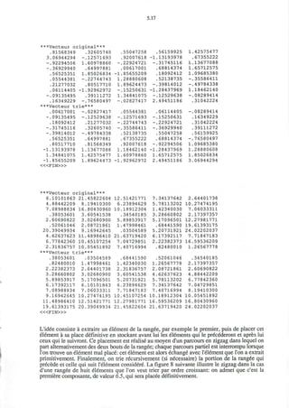 5.17
***Vecteur original***
3
-
-
-
.81568349
.06944294
.92294506
.36929940
.56525351
.05544381
.21277032
.06114405
.09135495
.16349229
-
1
1
-
-1
-
***Vecteur trie"
-
-
-
-1
1
-1
.00617001
.09135495
.18092412
.31745116
.39814012
.56525351
.80517710
.13193978
.34841075
.85655209
< « F I N » >
-
-
-
1
1
1
.32605740
.12571693
.60978860
.64997881
.85026834
.22744743
.80517710
.92962972
.39111272
.76580497
i c * *
.02827417
.12529638
.21277032
.32605740
.49784338
.64997881
.81568349
.13677088
.42575477
.89624473
-
-1
1
1
-
1
-
-
-
-
1
1
-1
.55047258
.92007618
.22924721
.00617001
.85655209
.28880608
.89624473
.15250631
.34841075
.02827417
.05544381
.12571693
.22744743
.35586411
.52138735
.67355222
.92007618
.18462140
.60978860
.92962972
-1
-
-
-1
-
2
-
-
-
-
-1
1
2
.56159925
.13193978
.31745116
.68814374
.18092412
.52138735
.39814012
.28437969
.12529638
.49451186
.06114405
.15250631
.22924721
.36929940
.55047258
.68814374
.92294506
.28437969
.65712575
.49451186
1
1
1
1
-
-
1
-
-
-
1
1
1
3
.42575477
.67355222
.13677088
.65712575
.09685380
.35586411
.49784338
.18462140
.08289414
.31042224
.08289414
.16349229
.31042224
.39111272
.56159925
.76580497
.09685380
.28880608
.85026834
.06944294
***Vecteur original***
6.10101863 21.45822604 12.51421771 7.34137642 2.64401738
4.88442209 8.19410300 6.23894629 5.78113202 10.27474195
7.08988834 16.80430960 10.18912304 1.42340030 7.06033311
.38053601 3.60541538 .34540185 3.28660802 2.17397357
2.60690822 3.02680900 5.89853917 5.17096501 12.27981771
.52061046 2.08721861 1.47998461 .68441590 19.61393175
20.39049934 9.16942645 .03504589 5.20731921 24.02202037
4.62637623 11.48986410 21.63719420 6.17392117 7.71847183
6.77842360 10.45107254 7.04729851 2.22382373 16.59536209
2.31836757 10.05451892 7.40716994 .82480010 1.26567778
***Vecteur trie***
.38053601 .03504589 .68441590 .52061046 .34540185
.82480010 1.47998461 1.42340030 1.26567778 2.17397357
2.22382373 2.64401738 2.31836757 2.08721861 2.60690822
3.28660802 3.02680900 3.60541538 4.62637623 4.88442209
5.89853917 5.17096501 5.20731921 5.78113202 6.77842360
6.17392117 6.10101863 6.23894629 7.34137642 7.04729851
7.08988834 7.06033311 7.71847183 7.40716994 8.19410300
9.16942645 10.27474195 10.45107254 10.18912304 10.05451892
11.48986410 12.51421771 12.27981771 16.59536209 16.80430960
19.61393175 20.39049934 21.45822604 21.63719420 24.02202037
< « F I N » >
L'idee consiste a extraire un element de la rangee, par exemple le premier, puis de placer cet
element a sa place definitive en stockant avant lui les elements qui le precederont et apres lui
ceux qui le suivront. Ce placement est realise au moyen d'un parcours en zigzag dans lequel on
part altemativement des deux bouts de la rangee; chaque parcours partiel est interrompu lorsque
Ton trouve un element mal place: cet element est alors echange avec I'element que Ton a extrait
primitivement. Finalement, on trie recursivement (si necessaire) la portion de la rangee qui
precede et celle qui suit I'element considere. La figure 8 suivante illustre le zigzag dans la cas
d'une rangee de huit elements que Ton veut trier par ordre croissant: on admet que c'est la
premiere composante, de valeur 6.5, qui sera placee definitivement.
 