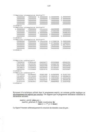 5.27
***Matrice triangulaire droite***
.20000000
.00000000
.00000000
.00000000
.00000000
< « F I N > »
.50000000
.20000000
.00000000
.00000000
.00000000
1.00000000
.50000000
.20000000
.00000000
.00000000
***Matrice triangulaire droite***
1.00000000
.00000000
.00000000
.00000000
.00000000
< « F I N > »
.25000000
1.00000000
.00000000
.00000000
.00000000
1
***Matrice triangulaire dro:
.20000000
.00000000
.00000000
.00000000
.00000000
< « F I N > »
.55000000
.20000000
.00000000
.00000000
.00000000
1
.11111111
.16666667
.00000000
.00000000
.00000000
Lte***
.10555556
.53333333
.20000000
.00000000
.00000000
2
1
1
2
1
.00000000
.00000000
.50000000
.20000000
.00000000
.06250000
.07692308
.12500000
.00000000
.00000000
.17596154
.07788462
.52500000
.20000000
.00000000
5
2
1
1
5
2
1
.00000000
.00000000
.00000000
.50000000
.20000000
.04000000
.04545455
.05882353
.10000000
.00000000
.28955080
.13850267
.06176471
.52000000
.20000000
***Matrice ordinaire***
.73856052 .23828182
.50731266 .16160361
.43023004 .13604420
.39168873 .12326450
.36856395 .11559668
< « F I N > »
***Matrice ordinaire***
.14771210
.10146253
.08604601
.07833775
.07371279
< « F I N > »
45386465
31134269
,26383536
24008170
22582951
08004877
05395565
04525794
04090909
03829978
95961308
65784205
55725171
50695654
47677944
.02329880
.01564765
.01309726
.01182207
.01105695
1.91060496
1.30953913
1.10918385
1.00900621
.94889963
.00444701
.00297955
.00249040
.00224582
.00209907
4.51421743
3.09506674
2.62201650
2.38549139
2.24357632
Revenant a la technique utilisee dans le programme matrix, on constate qu'elle implique un
developpement de logiciel par couches. On suppose que le programme utilisateur contienne la
declaration suivante:
matricejcarree value gen =
matrice_generale (2, body constructew do
take (i + 3* j) 14 done)
La figure 9 montre schematiquement la structure de donnees issue de gen.
 