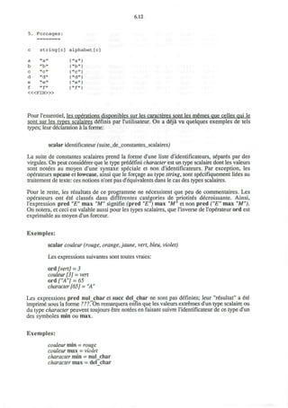 6.12
5. Forcages:
string[c] alphabet[c]
{"a"}
{"b"}
{"c"}
{"d"}
{"e"}
{"f")
a
b
c
d
e
f
"a"
"b"
"c"
"d"
"e"
11 -£M1
<«FIN>»
Pour l'essentiel, les operations disponibles sur les caracteres sont les memes que celles qui le
sont sur les types scalaires definis par l'utilisateur. On a deja vu quelques exemples de tels
types; leur declaration a la forme:
scalar identificateur fsuite_de_constantes_scalairesj
La suite de constantes scalaires prend la forme d'une liste d'identificateurs, separes par des
virgules. On peut considerer que le type predefini character est un type scalaire dont les valeurs
sont notees au moyen d'une syntaxe speciale et non d'identificateurs. Par exception, les
operateurs upcase et Iowcase, ainsi que le forcage au type string, sont specifiquement liees au
traitement de texte: ces notions n'ont pas d'equivalents dans le cas des types scalaires.
Pour le reste, les resultats de ce programme ne necessitent que peu de commentaires. Les
operateurs ont ete classes dans differentes categories de priotites decroissante. Ainsi,
l'expression pred "E" max "M" signifie (pred "£") max "M" et non pred ("E" max "M").
On notera, et ceci est valable aussi pour les types scalaires, que l'inverse de l'operateur ord est
exprimable au moyen d'un forceur.
Exemples:
scalar couleur (rouge, orange, jaune, vert, bleu, violet)
Les expressions suivantes sont toutes vraies:
ord [vert] - 3
couleur[3] -vert
ord ["A"] = 65
character [65] = "A"
Les expressions pred nul_char et succ del_char ne sont pas definies; leur "resultat" a ete
imprime sous la forme ???. On remarquera enfin que les valeurs extremes d'un type scalaire ou
du type character peuvent toujours etre notees en faisant suivre l'identificateur de ce type d'un
des symboles min ou max.
Exemples:
couleur min = rouge
couleur max = violet
character min = nul_char
character max = del char
 