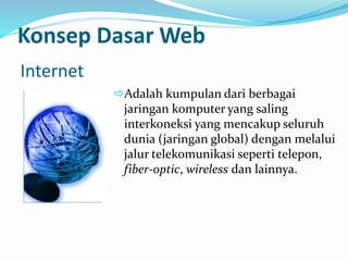 Adalah kumpulan dari berbagai
jaringan komputer yang saling
interkoneksi yang mencakup seluruh
dunia (jaringan global) dengan melalui
jalur telekomunikasi seperti telepon,
fiber-optic, wireless dan lainnya.
Konsep Dasar Web
Internet
 