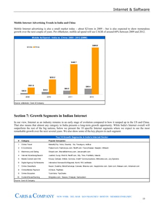 Internet & Software
15
CARIS & COMPANY NEW YORK · DEL MAR · SAN FRANCISCO · BOSTON · MEMBER FINRA/SIPC
Mobile Internet Advertising Trends in India and China
Mobile Internet advertising is also a small market today – about $21mm in 2009 – but is also expected to show tremendous
growth over the next couple of years. Per eMarketer, mobile ad spend will see CAGR of around 60% between 2009 and 2012.
Source: eMarketer; Caris & Company
Mobile Ad Spend - India vs. China: 2009 - 2012 ($MM)
$20.8
$35.4
$56.5
$85.4
$101.0
$223.2
$448.7
$699.9
2009 2010 2011 2012
India China
Section 7: Growth Segments in Indian Internet
In our view, Internet as an industry remains in an early stage of evolution compared to how it ramped up in the US and China.
That also means that almost any category in India presents a long-term growth opportunity. While India's Internet overall will
outperform the rest of the big nations, below we present the 10 specific Internet segments where we expect to see the most
remarkable growth over the next several years. We also show some of the key players in each segment.
# Category Popular Companies
1 Online Travel MakeMyTrip, Yatra, Cleartrip, Via, Travelguru, redBus
2 E-Commerce Flipkart.com, Fashionyou.com, Rediff.com, Future Bazaar, Naaptol, Infibeam
3 Matrimony and Dating Shaadi.com, BharatMatrimony.com, Jeevansathi.com
4 Internet Advertising/Search Justdial, Guruji, Web18, Rediff.com, Sify, Time, PubMatic, Ideacts
5 Mobile Content and VAS Kirusa, Cellcast, InMobi, Comviva, One97 Communications, IMImobile.com, July Systems
6 Digital Agency/ Ad Networks Interactive Avenues/Ad Magnate, Komli, RS LiveMedia
7 Online Classifieds Naukri, Sulekha, MotorExchange, Carwale, 99acres.com, magicbricks.com, Quikr.com, Makaan.com, Indiamart.com
8 Online/Mobile Payment mCheck, PayMate
9 Online Education TutorVista, TopChalks
10 Content/Social/Gaming Minglebox.com, Nazara, Chakpak, Games2win
Source: Caris & Company
Top 10 Growth Segments in India's Internet Sector
 