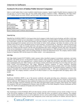 Internet & Software
16
CARIS & COMPANY NEW YORK · DEL MAR · SAN FRANCISCO · BOSTON · MEMBER FINRA/SIPC
Section 8: Overview of Indian Public Internet Companies
India is a small market when it comes to publicly traded Internet companies. Against roughly 50 public Internet companies in the
US and close to 25-30 in China, there are four notable public Internet companies in India – MakeMyTrip, Info Edge (ticker:
532777-BOM), Rediff.com (ticker: REDF), and Sify (ticker: SIFY). Below we present some key metrics on these companies.
MakeMyTrip Info Edge Rediff Sify
Ticker MMYT 532777-BOM REDF SIFY
Year Established 2000 1995 1996 1998
FY10 Revenue ($MM) $40.3 $57.4 $18.8 $156.9
Total Employees 800 1,550 330 3,000
Monthly Uniques ('000) 2,159 4,662 9,917 2,443
Source: Company reports; comScore; Caris & Company
Public Internet Companies
MakeMyTrip
MakeMyTrip (NASDAQ: MMYT) is the largest online travel company in India, based on gross bookings, and offers a wide range
of travel and travel-related services and products to residents of India and non-resident Indians and others traveling to India from
the United States, Canada, the United Arab Emirates, and other countries. It provides business and leisure travelers with stand-
alone and packaged travel products and services that include air tickets, hotels, packages, rail tickets, bus tickets, car hire, and
ancillary travel services such as facilitating access to travel insurance, visa processing, etc. Through its websites focused on its
four core markets (i.e. India, US, Canada, and UAE), call centers, 19 travel stores in major Indian cities, and a network of 2,000
agents the company provides travelers with the tools and information they need to efficiently research, plan, book, and purchase
travel services and products in India and overseas. MakeMyTrip started operations in 2000 and spent its first five years focused
on the non-resident Indian market in the US (selling primarily air tickets for India-bound travel). The company started its Indian
business in September 2005 with the launch of its Indian website – www.makemytrip.com.
Info Edge
Info Edge (India) Limited (532777-BOM) is India’s premier online classifieds company in recruitment, matrimony, real estate,
education, and related services. Its Recruitment business includes online recruitment classifieds (www.naukri.com, India’s top
job-search website, and www.naukrigulf.com, a website focused at the Middle East job market) and offline executive search
(www.quadranglesearch.com). Other websites in this business include professional networking site (www.brijj.com) and a new
hiring website (www.firstnaukri.com). Info Edge's Matrimony business comprises of online matrimony classifieds
(www.jeevansathi.com) and 14 offline Jeevansathi Match Points. Its Real Estate business includes online real estate classifieds
(www.99acres.com) and a real estate brokerage business (www.allcheckdeals.com). Its Education business comprises of online
education classifieds (www.shiksha.com). Info Edge was incorporated on May 1, 1995 and is headquartered in Noida, Uttar
Pradesh, India. The company maintains a network of 49 offices located in 32 cities throughout India and employs about 1,550
people.
Rediff.com
Rediff.com (NASDAQ: REDF) is one of the premier worldwide web portals providing news, information, communication,
entertainment, and shopping services. Its website is one of the most visited in India (among the Top 5 based on unique visitors
data by comScore). The company provides a platform for Indians across the world to connect with each other online. Rediff.com
also offers the Indian American community one of the oldest and largest Indian weekly newspapers, India Abroad. The company
was founded in 1996 and is headquartered in Mumbai, India with offices in New Delhi, Bangalore, Chennai, Hyderabad, and New
York, USA. Rediff.com employed 329 people at the end of June 2010.
Sify Technologies Limited
Sify Technologies Limited (NASDAQ: SIFY) provides Internet, network, and E-Commerce services mostly in India. It was one
of the first private companies to offer Internet access in India when the sector was opened to private operators. The company
offers corporate network/data services as well as application services, such as website design, development, content management,
search engine optimization, hosting, domain name management, secure socket layer certificate for websites, and server space in
 