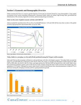 Internet & Software
3
CARIS & COMPANY NEW YORK · DEL MAR · SAN FRANCISCO · BOSTON · MEMBER FINRA/SIPC
Section 1: Economic and Demographic Overview
Indian economy has been on a massive growth trajectory for the past one decade infused by young demographics, rising capital
investments in key sectors (including infrastructure), increasing wealth, robust job market, high savings rates, government-led
liberalization of the economy, high-tech revolution, and increasing foreign investments.
India was the center of global economic activities until 1600 AD
India accounted for anywhere from 35% to 25% of world GDP between 1 AD and 1600 AD but since then its share of the global
economy kept going down and reached under 3% by the 1980s.
Source: Angus Maddison, The World Economy: Historical Statistics
Share of World GDP Over Time
0%
5%
10%
15%
20%
25%
30%
35%
USA Europe China India
Today, India is re-emerging very fast and is firmly positioned among the 5 largest world economies
India and China are the emerging-world powers with growth rates well above developed countries'. Nowadays India accounts for
about 5% of world GDP and is expected to reach 10% by 2020. The country is currently the fifth largest world economy (by 2009
GDP at PPP) after only the EU, the US, China, and Japan and has the 10th best GDP real growth rate in the world. India is also
the second most populous country in the world and one of the youngest among the major world economies (the median age of its
population is 25.9 years). Although the country ranks fourth in terms of total Internet users, Internet penetration in India (at 7%) is
the lowest among the emerging economies and has a great potential for growth.
Source: CIA World Factbook; Caris & Company
2009 GDP at Purchasing Power Parity ($bn)
$14.1
$8.7
$4.2
$3.6
$2.8
$2.1
USA China Japan India Germany UK
 